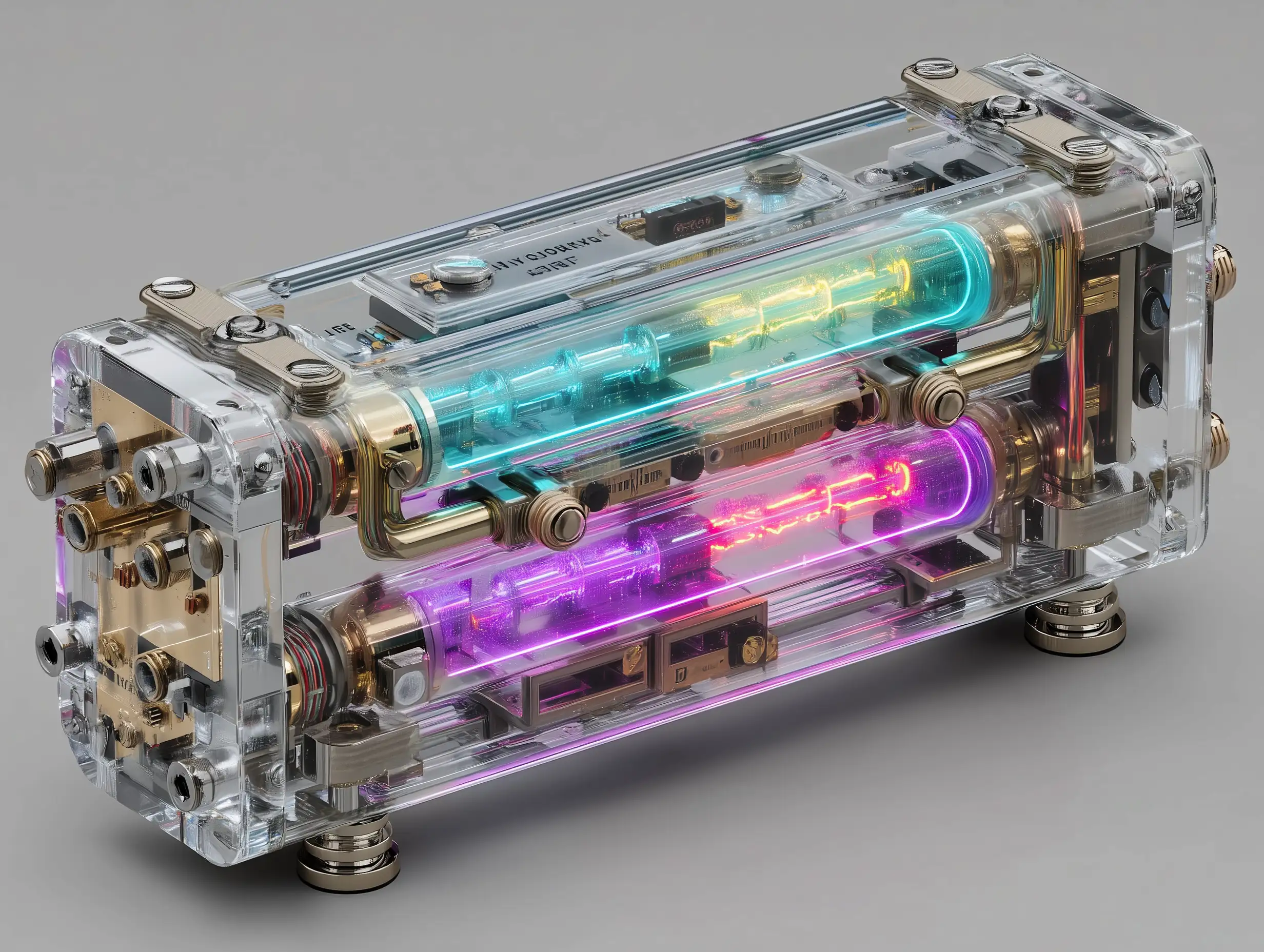 A futuristic machine cooling module with neon energy tubes, layered metal plates, micro vents, internal circuits visible through transparent elements, dramatic sci-fi lighting 