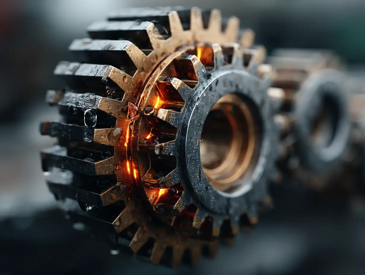 Macro close-up of synchronized mechanical gears, titanium surfaces, oil reflections, micro scratches, sharp mechanical realism, cinematic shadows and highlights