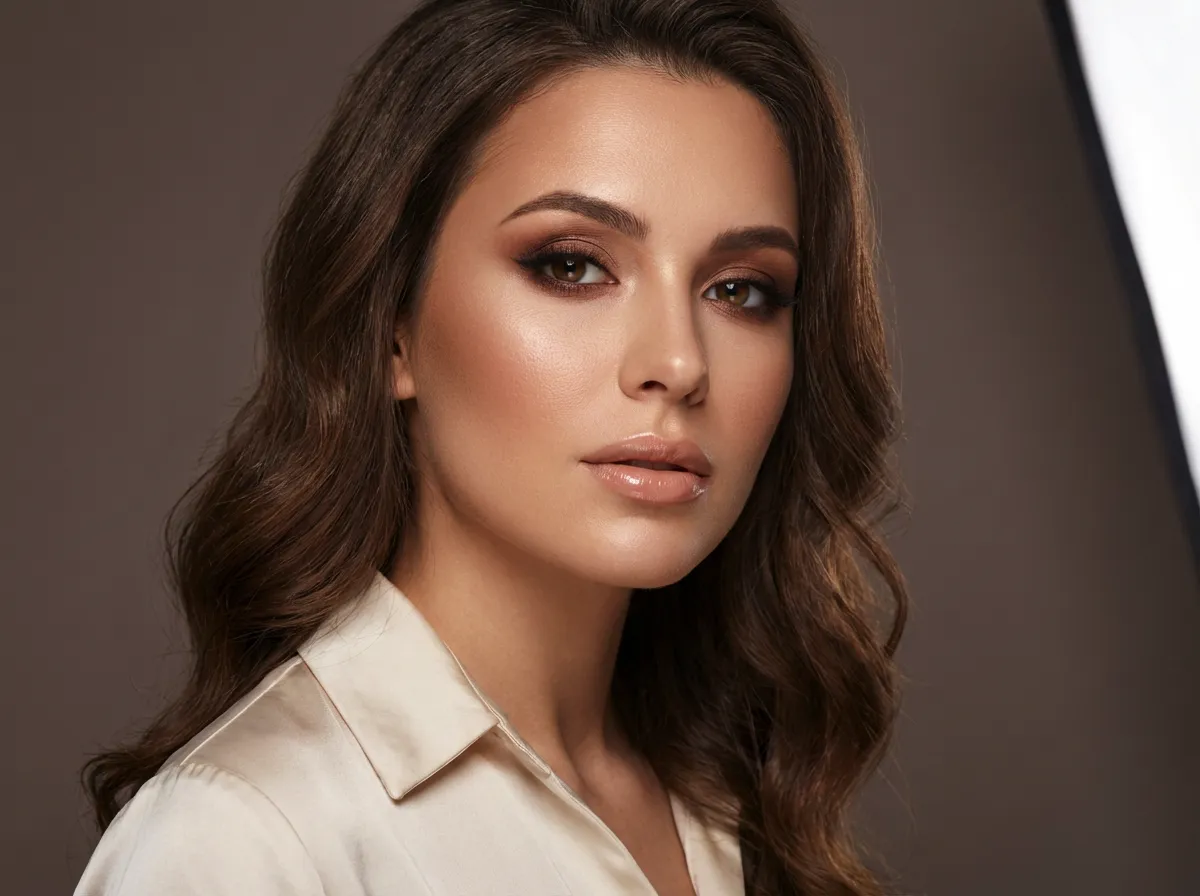 Soft glam makeup portrait, subtle smoky eyes, glossy lips, balanced highlights, professional beauty lighting, high detail