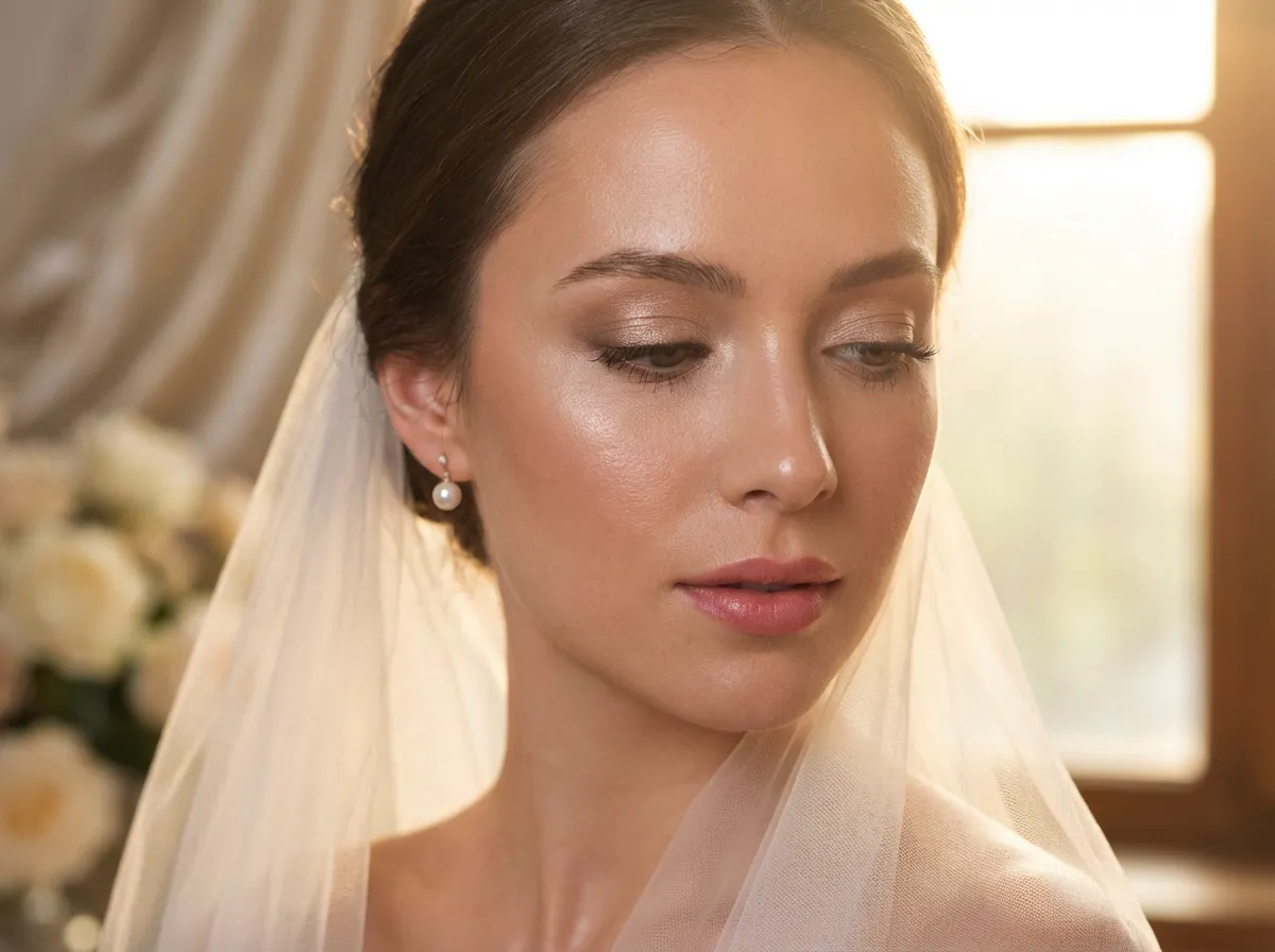 Elegant bridal makeup close-up, refined eye makeup, natural glow, soft romantic lighting, premium beauty photography