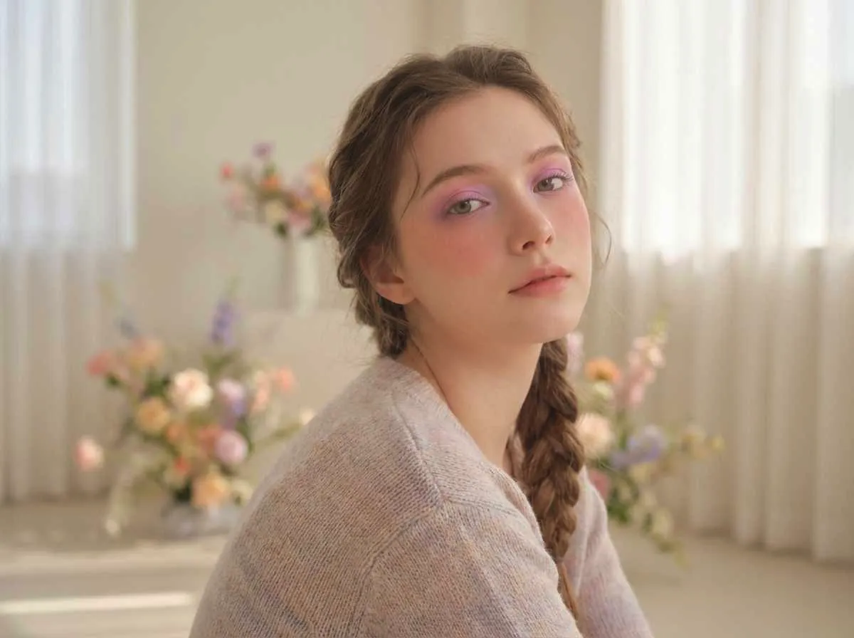 Pastel aesthetic makeup portrait, soft pink and lavender tones, gentle lighting, dreamy beauty style, clean composition