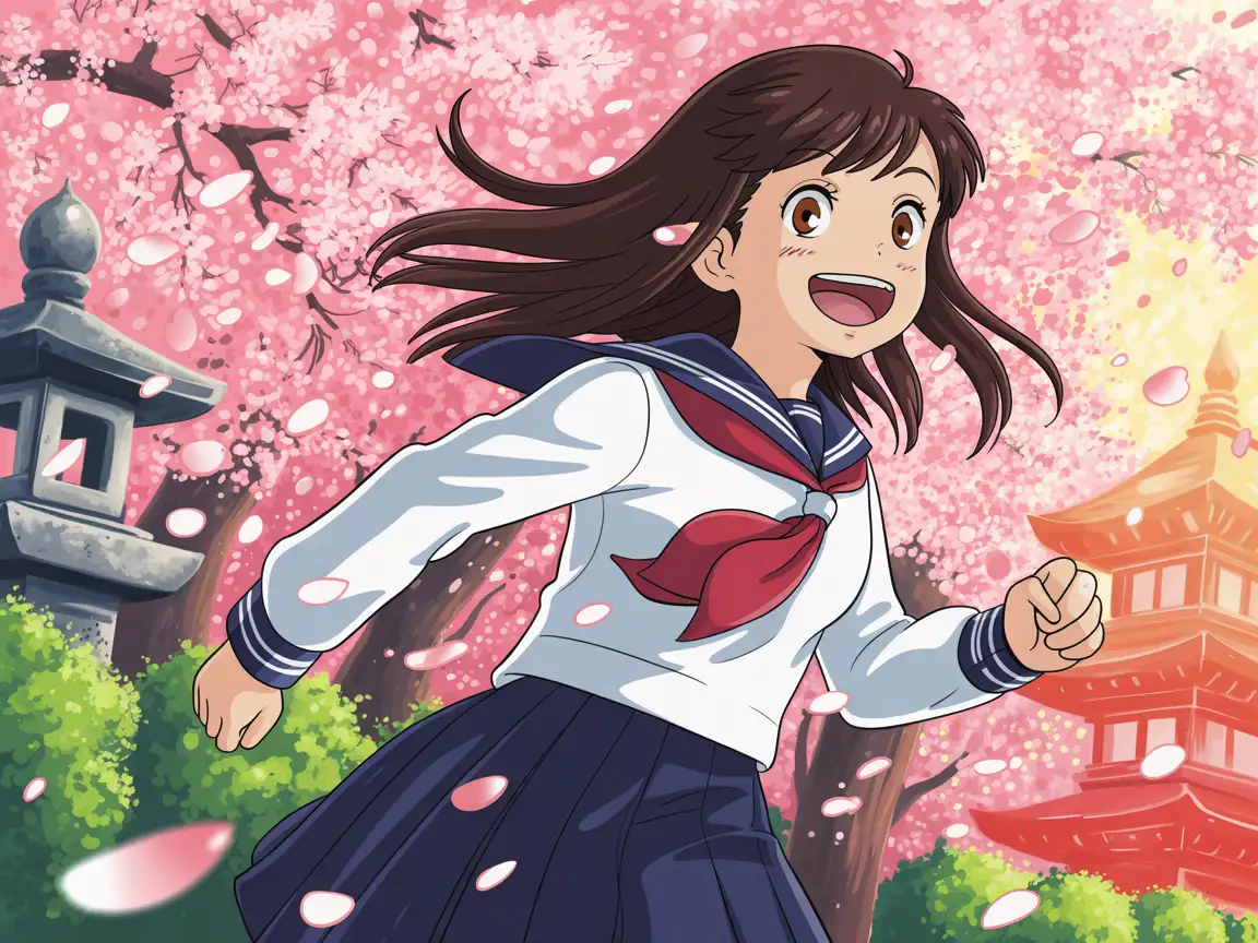 Cheerful schoolgirl running through cherry blossoms, petals blowing in wind, bright shoujo aesthetic, manga style