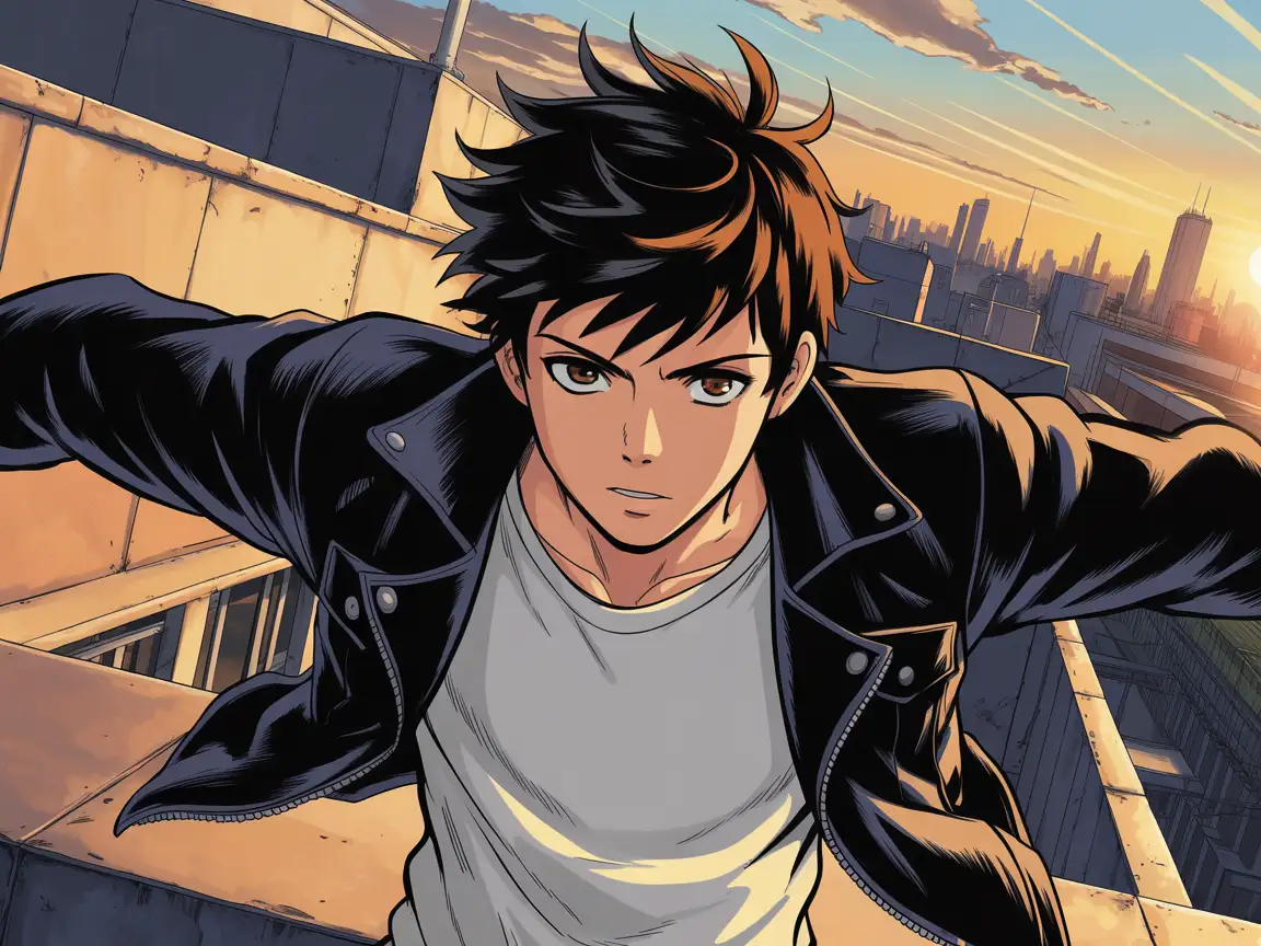 High school boy with spiky hair, standing on rooftop at sunset, dramatic pose, dynamic manga style