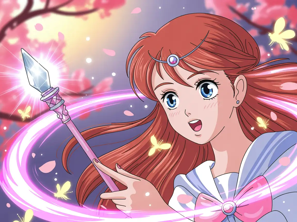 Magical girl casting a spell, glowing wand, sparkling aura, pastel colors, shoujo manga style