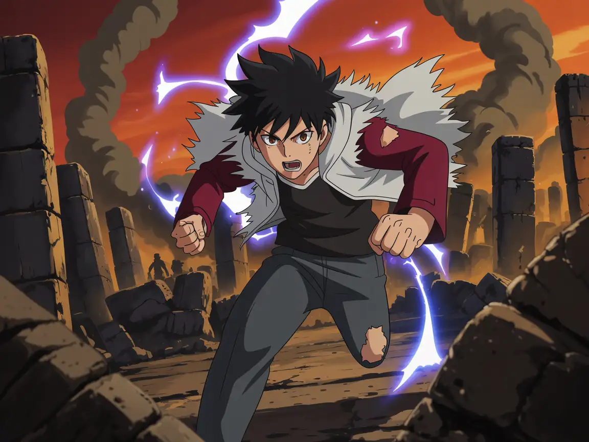 Heroic shonen protagonist charging into battle, energy aura surrounding, action-packed style