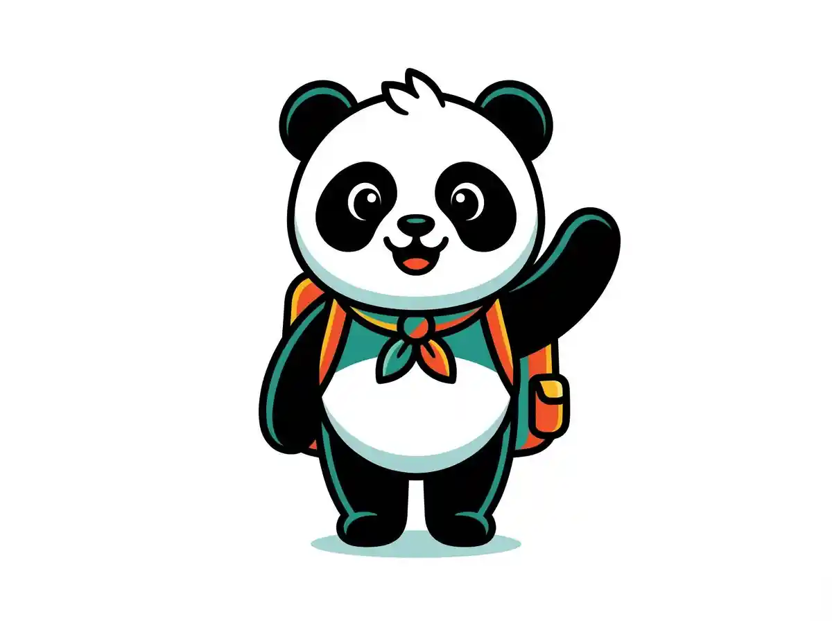 ماسكوت باندا لطيف يلوح بسعادة، أسلوب فيكتور مسطح، خطوط عريضة، ألوان صديقة للعلامة التجارية، خلفية بيضاء نظيفة.