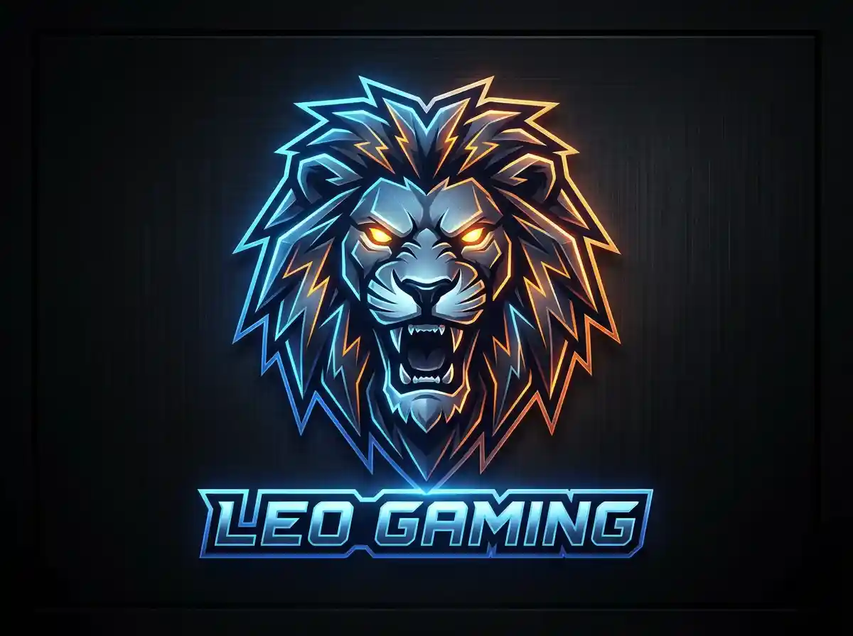 ماسكوت أسد شرس للرياضات الإلكترونية بعيون متوهجة، خطوط حادة، إضاءة درامية، خلفية داكنة، أسلوب شعار ألعاب احترافي.