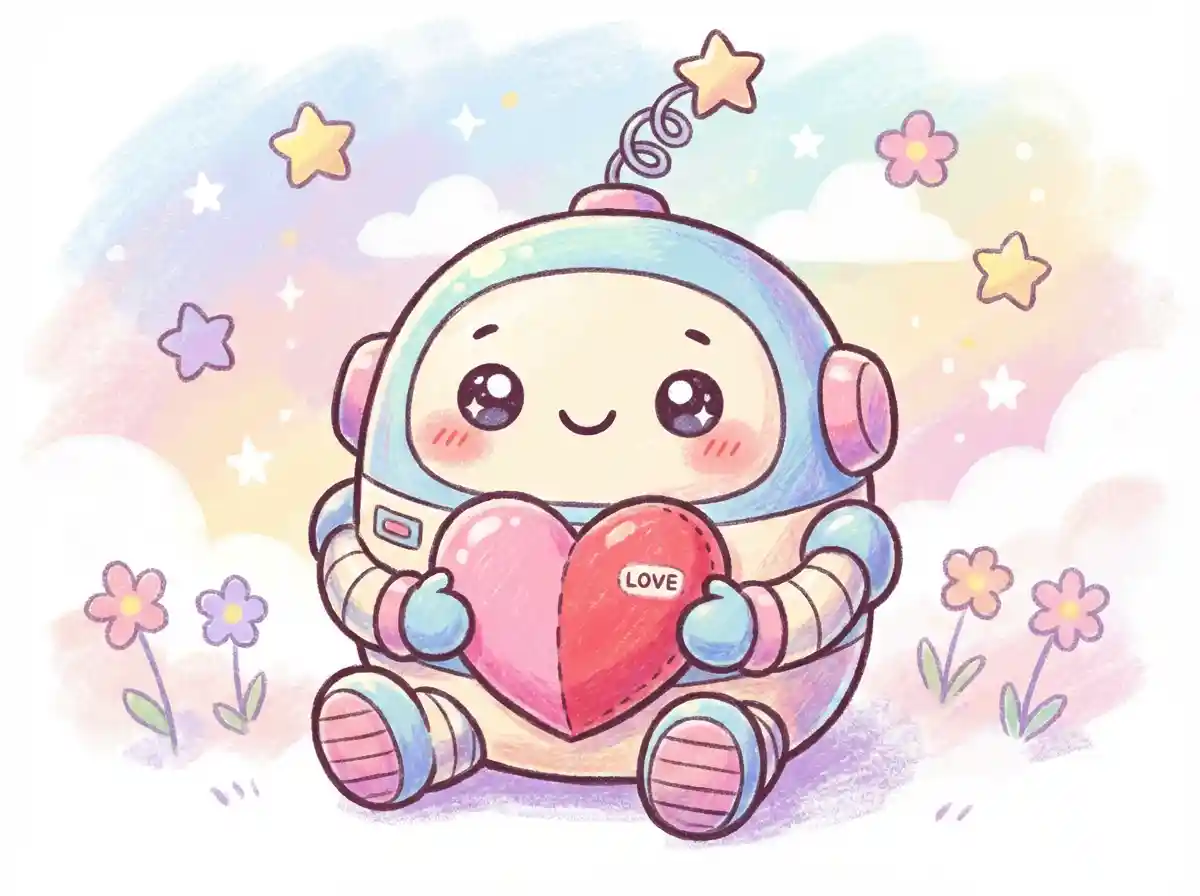 ماسكوت روبوت تشيبي يحمل قلبًا، لوحة ألوان باستيل، تظليل ناعم، أسلوب رسم كاواي.