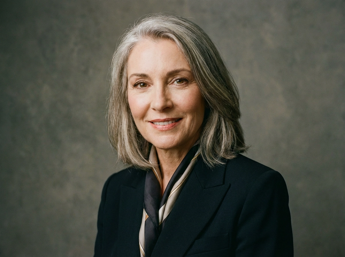 Portrait élégant de femme mûre, âge 45–60 ans, maquillage naturel, expression confiante, éclairage studio doux, style photographie réaliste