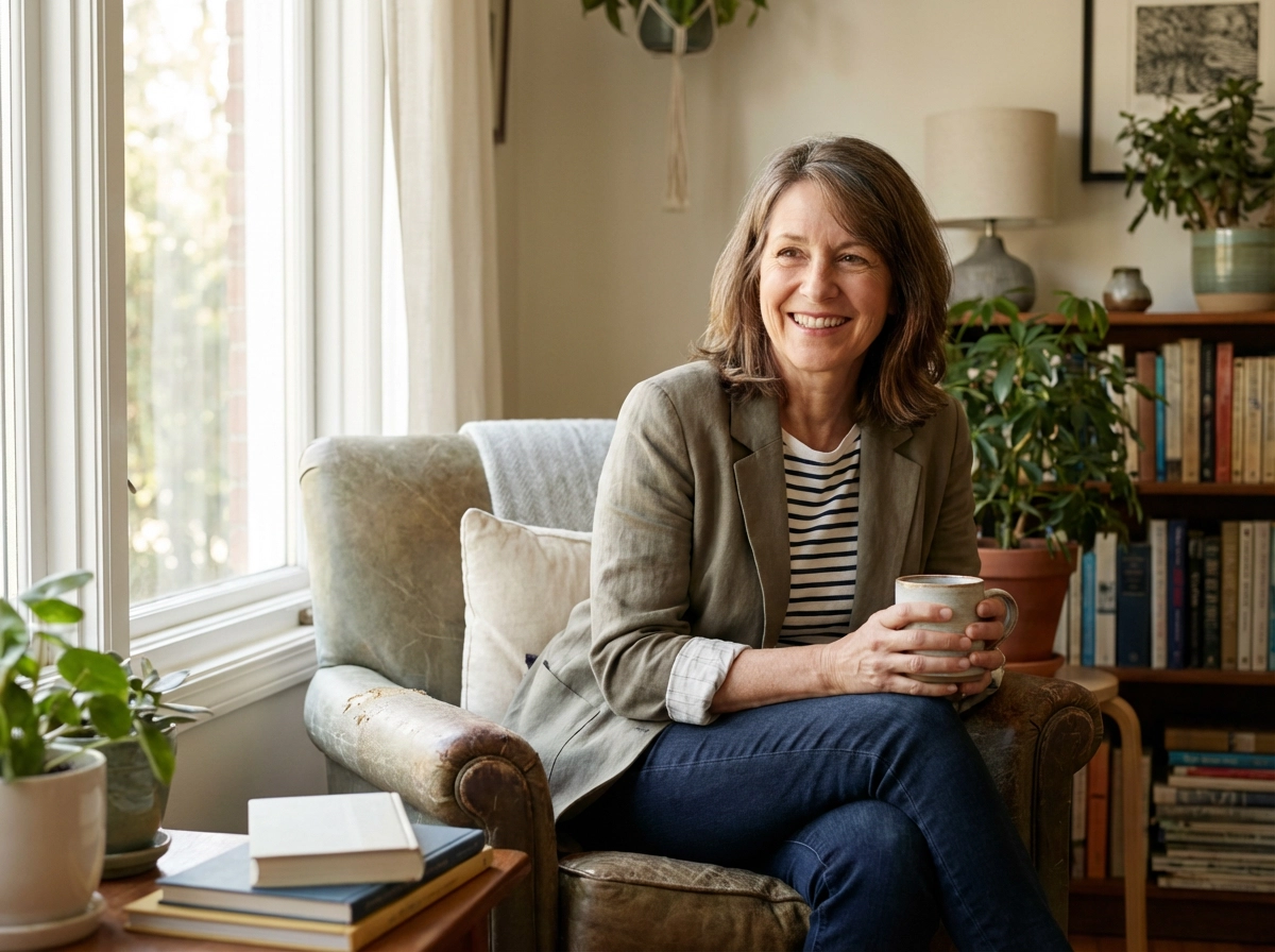 Portrait lifestyle d'une femme mûre dans la cinquantaine, tenue chic décontractée, lumière naturelle, ambiance chaleureuse et accessible