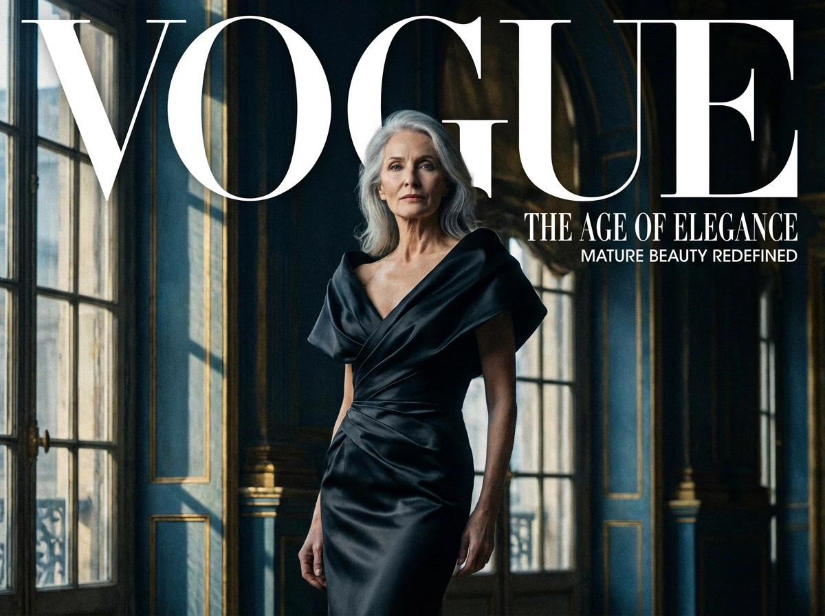 Éditorial mode haut de gamme, mannequin féminin mûre, robe élégante, éclairage dramatique, style couverture de magazine