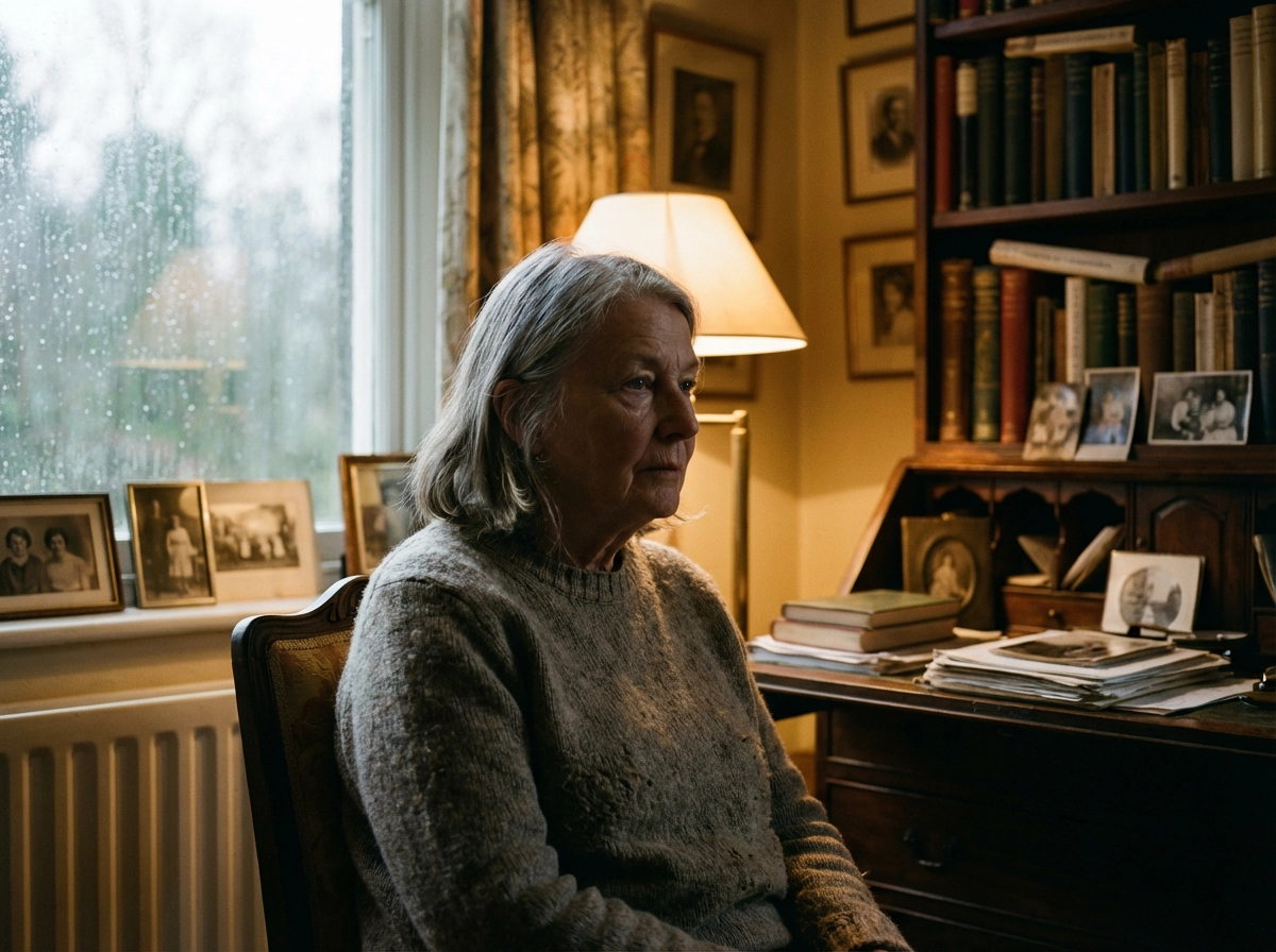 Portrait cinématographique d'une femme mûre, expression pensive, ombres douces, atmosphère narrative