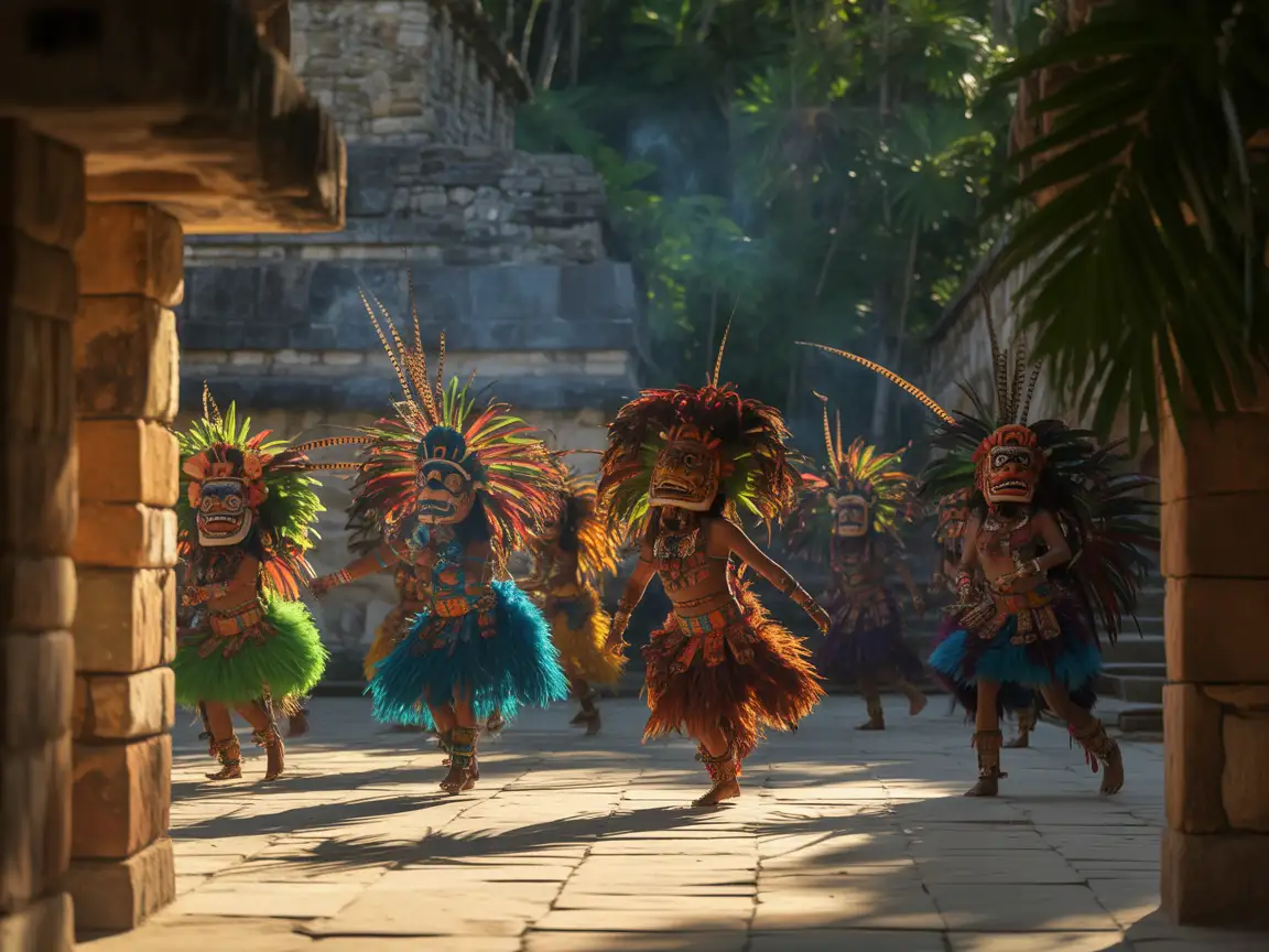 Group of Mayan dancers performing ritual dance in a temple plaza, traditional masks and feathered costumes.