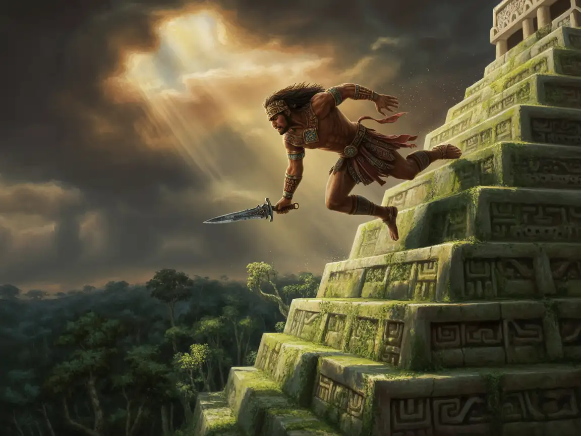 Mayan warrior leaping from a pyramid, obsidian dagger in hand, ready for battle, sun rays breaking through clouds.