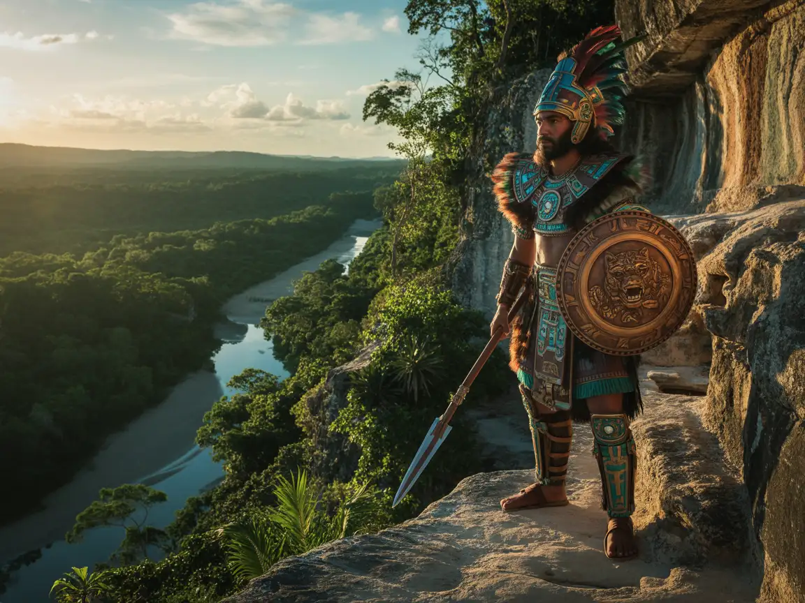 Mayan warrior holding a wooden shield and spear, standing on a cliff overlooking a jungle river valley.