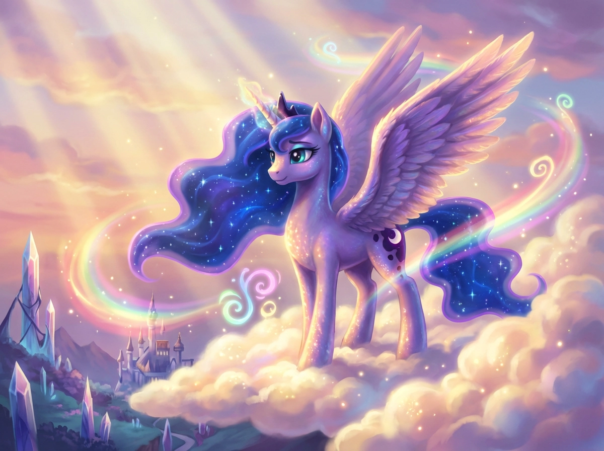 High-quality digital art of a magical pony with a sparkling violet coat and starry mane, majestic wings, standing on a cloud, Celestia style lighting, vibrant friendship magic.