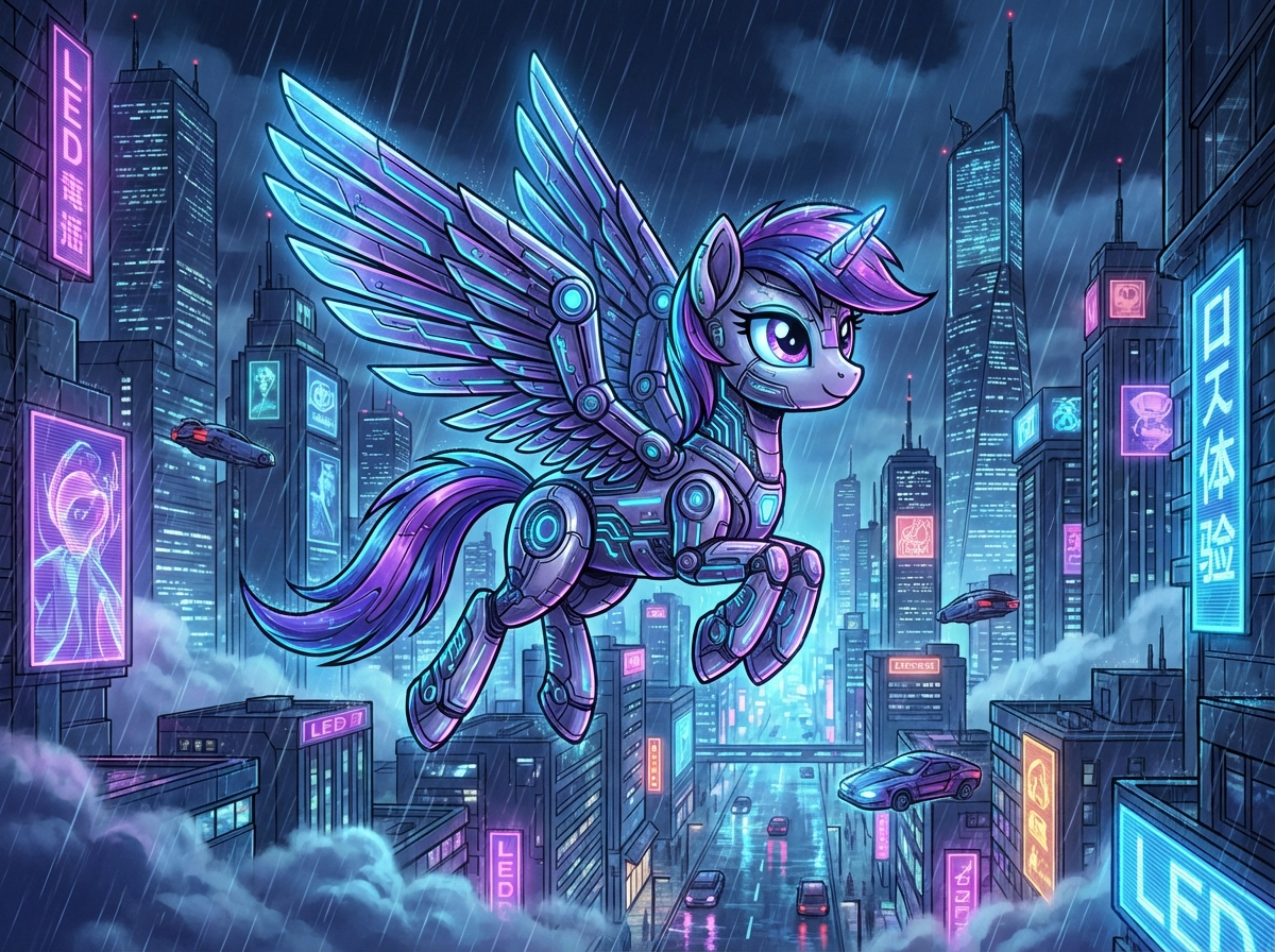 Cyberpunk style pegasus pony, neon-glowing cybernetic wings, futuristic city background, night-time rain atmosphere, bold digital art style. [图片]