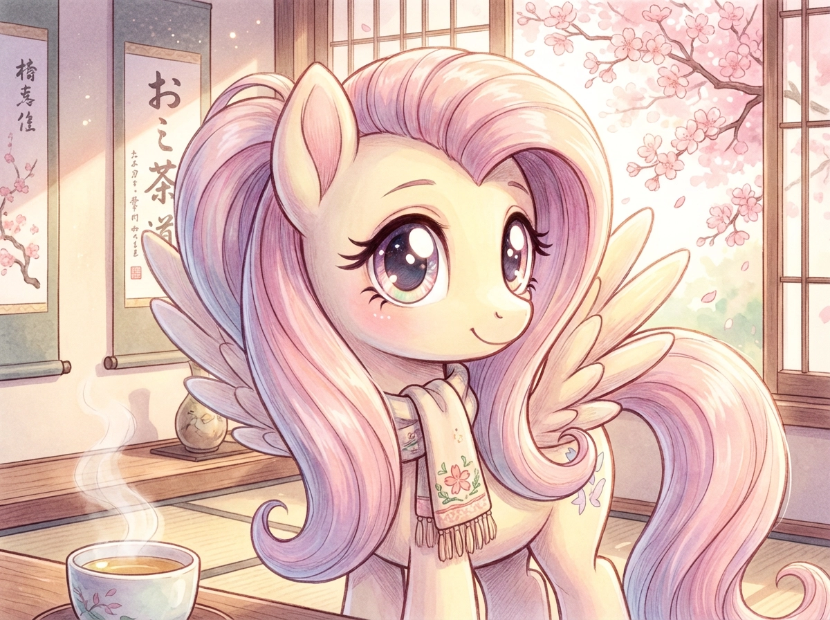 Anime-style MLP character portrait, expressive eyes, soft shading, gentle lighting, cute and peaceful atmosphere, high-quality Japanese illustration style.