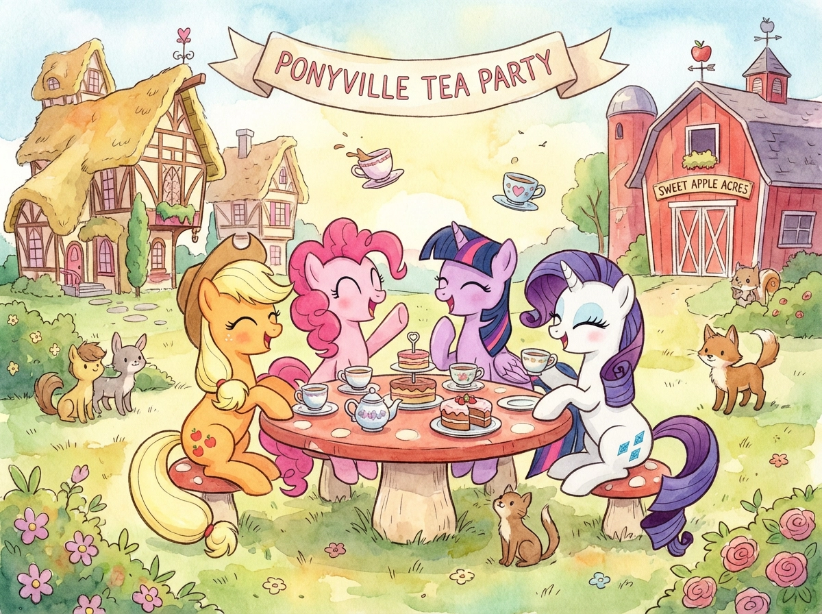 Storybook-style illustration of a pony tea party in Ponyville, soft watercolor textures, whimsical hand-drawn feel, warm and cozy mood.