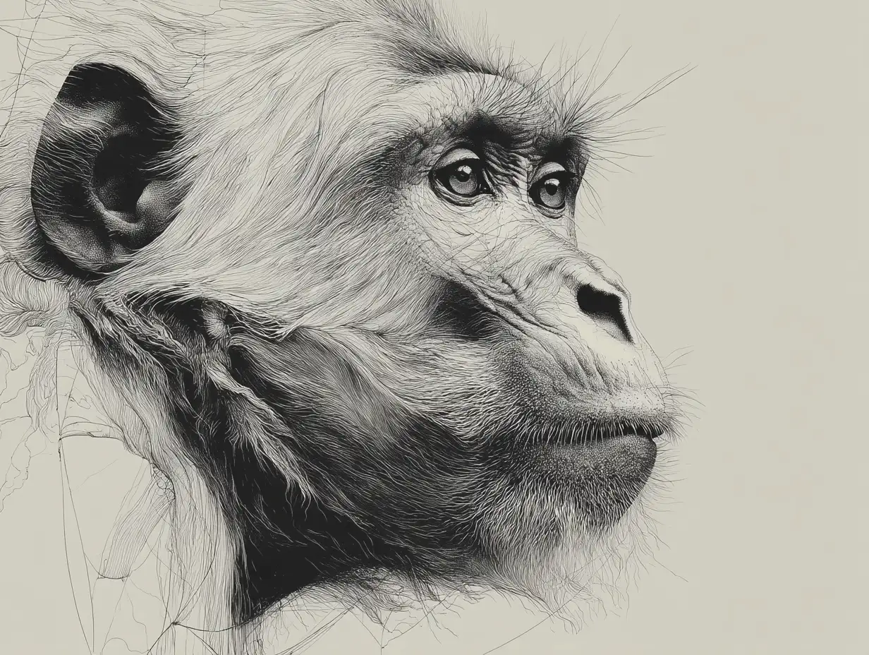 Minimal line-art drawing of a monkey’s face, clean flowing outlines, simple modern aesthetic, white background, elegant minimalism