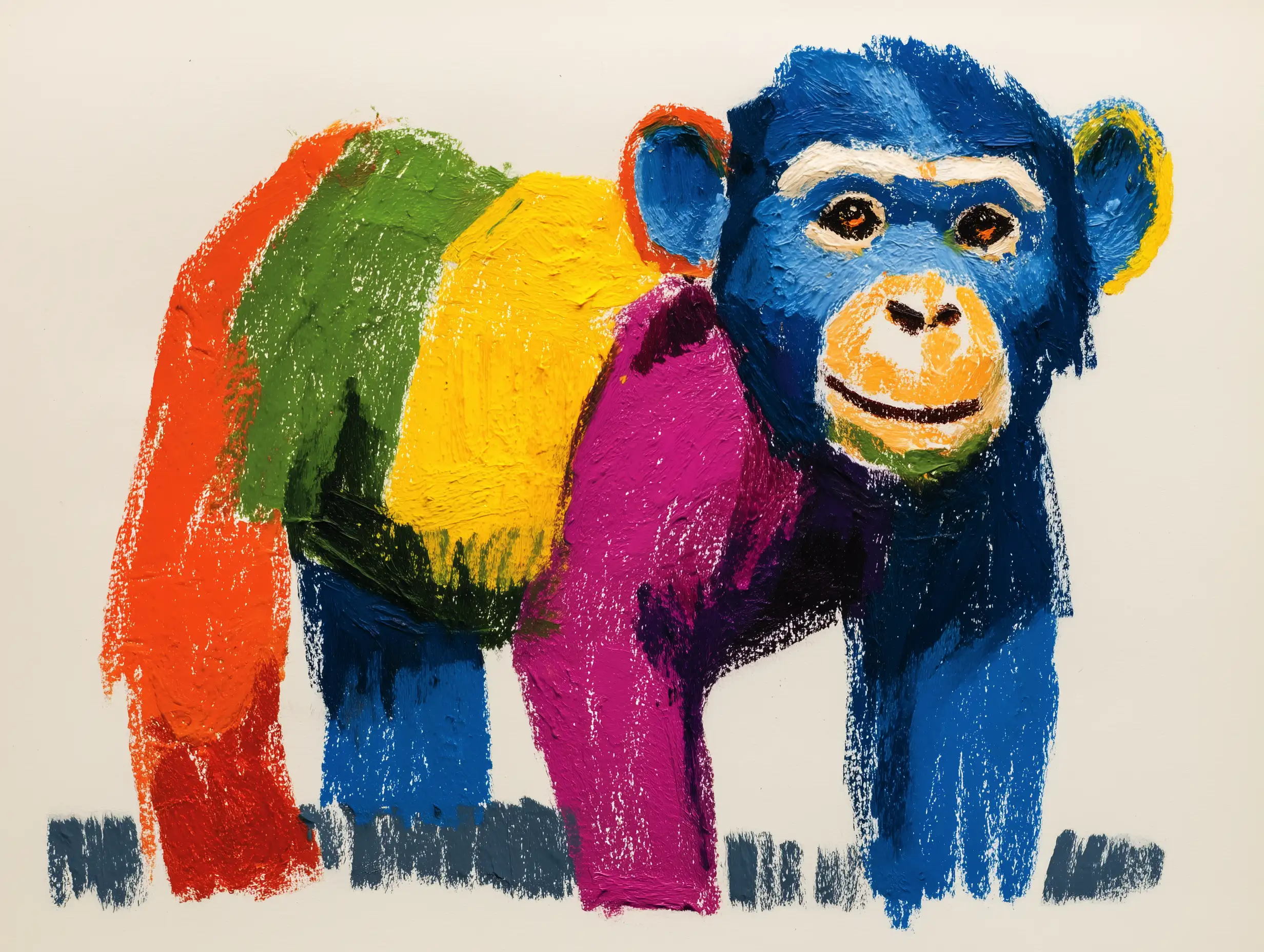 Crayon-style monkey drawing with uneven strokes and bold colors, simple shapes, playful childlike aesthetic, thick outlines