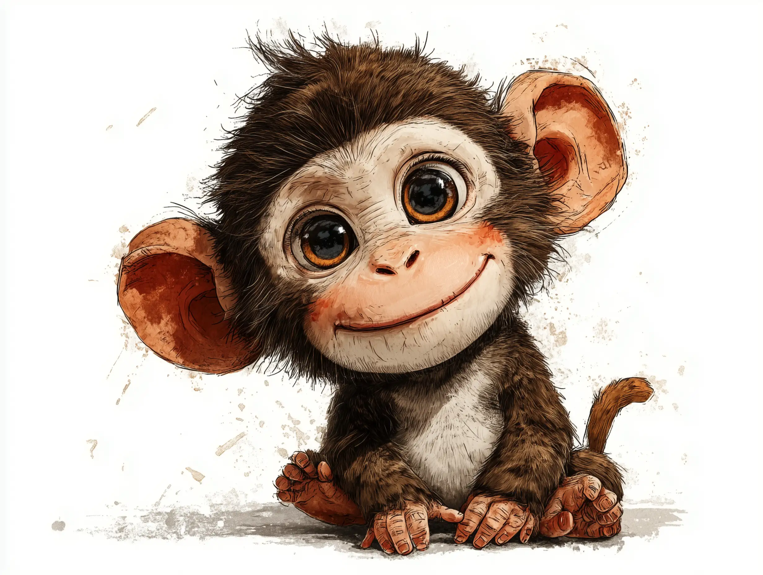 Adorable cartoon-style monkey with big expressive eyes, thick outlines, playful smile, soft shading, friendly kids illustration style