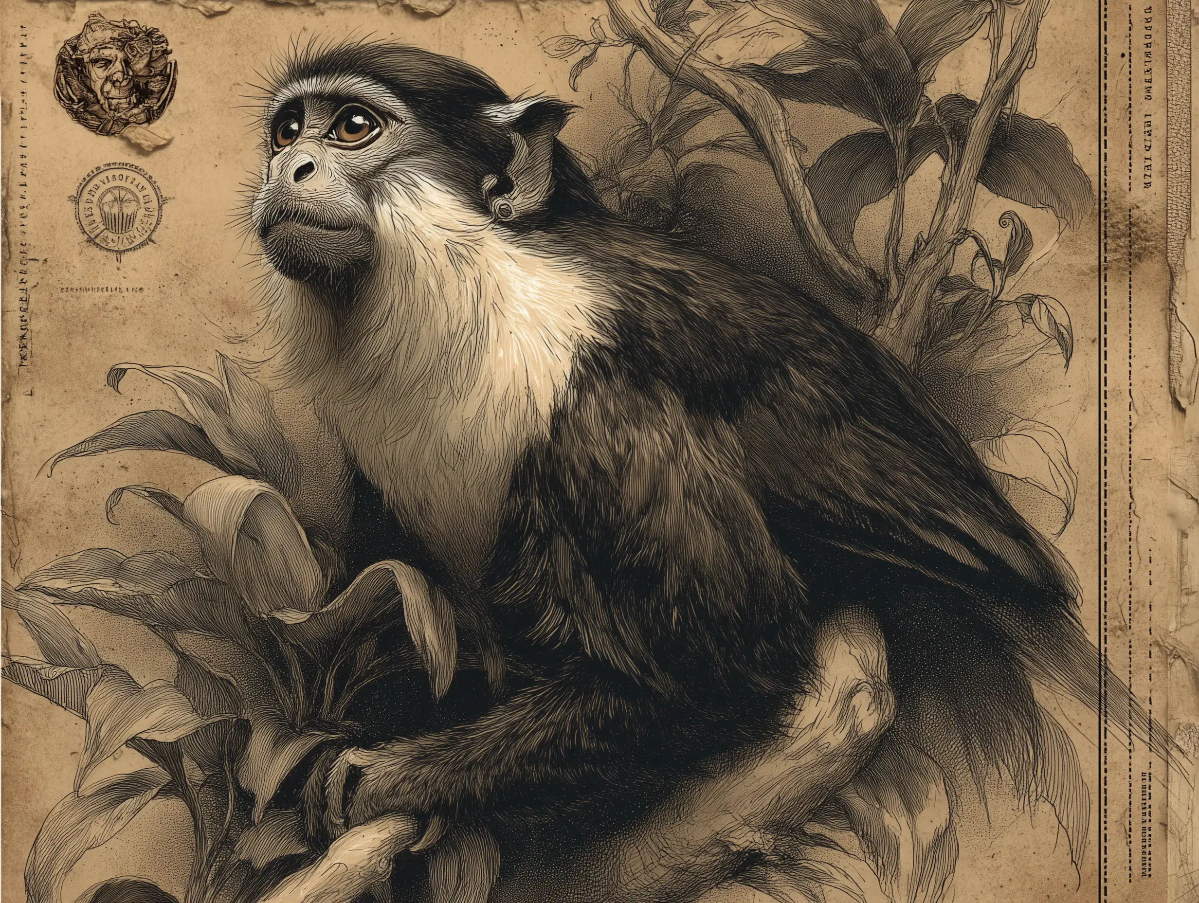 Vintage ink-style naturalist drawing of a monkey, cross-hatching shadows, aged paper texture, botanical plate aesthetic