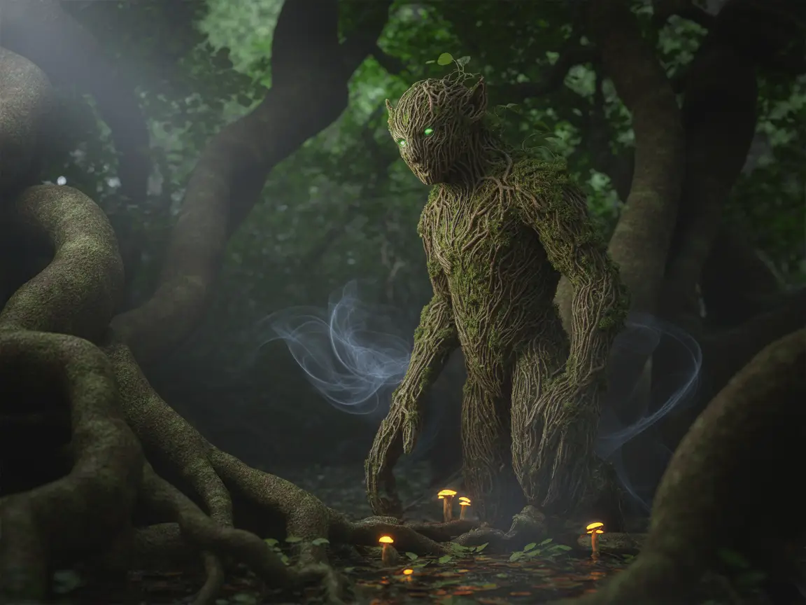 A forest guardian creature made of moss, bark, and vines, glowing emerald eyes, misty forest background, photorealistic.
