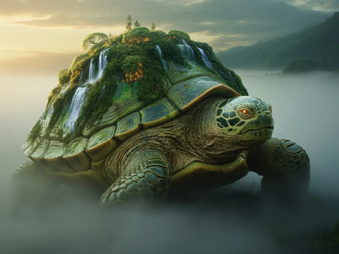 majestic turtle-like monster carrying a forest on its back, ultra-realistic fantasy tone