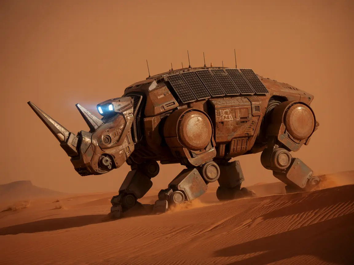A desert mech-beast with solar panels on its back, rusted metal texture, photorealistic lighting.