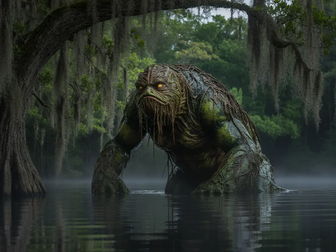 A swamp monster rising from murky waters, covered in algae, subtle ripples and reflections, eerie yet realistic.