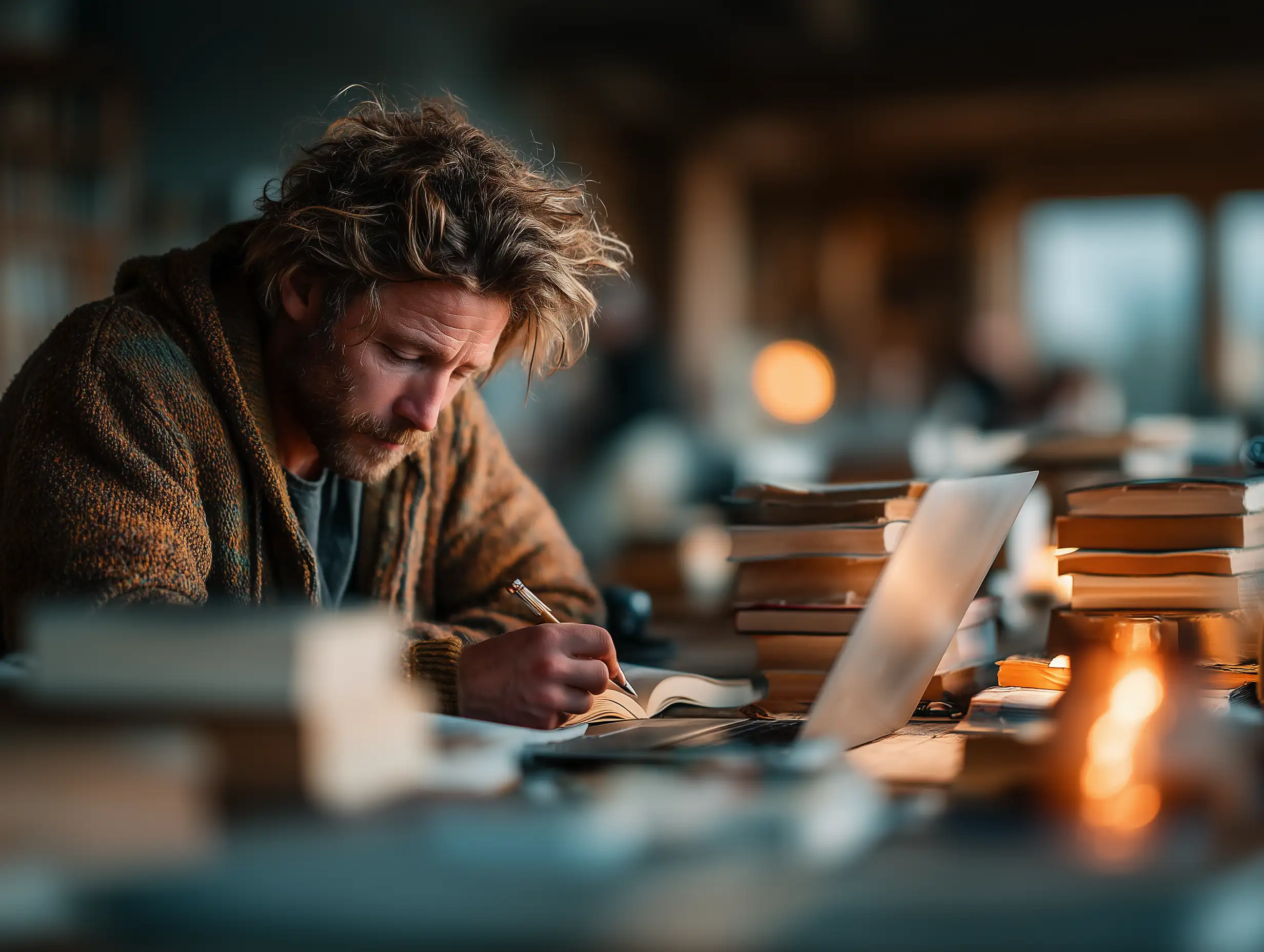 励志学习场景,专注的人坐在桌前,柔和日光,书籍和笔记本电脑,平静氛围,微妙的励志心情,现实摄影风格