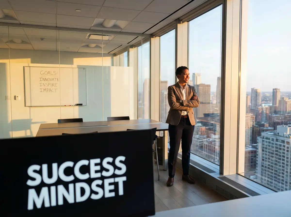 专业励志图像,一个人自信地站在现代办公室,自信站姿,城市景观背景,干净商务美学,成功心态氛围