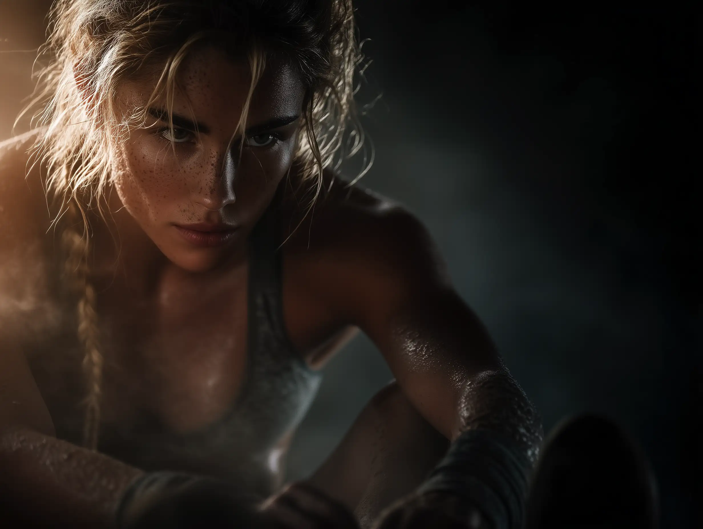 励志健身图像,一个人在锻炼前系健身鞋,戏剧性灯光,专注能量,干净构图,励志体育摄影