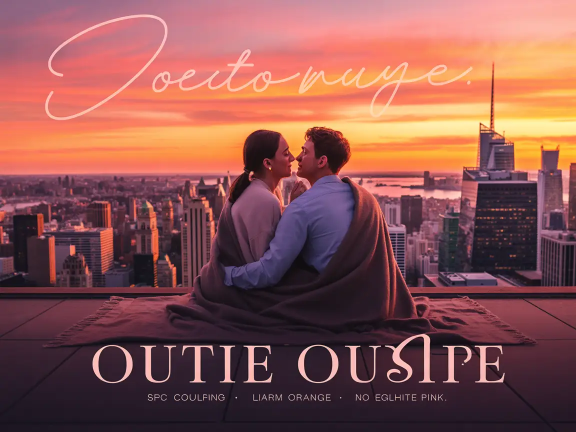 A couple sitting closely together on a rooftop, gazing at a vibrant sunset over a city skyline.