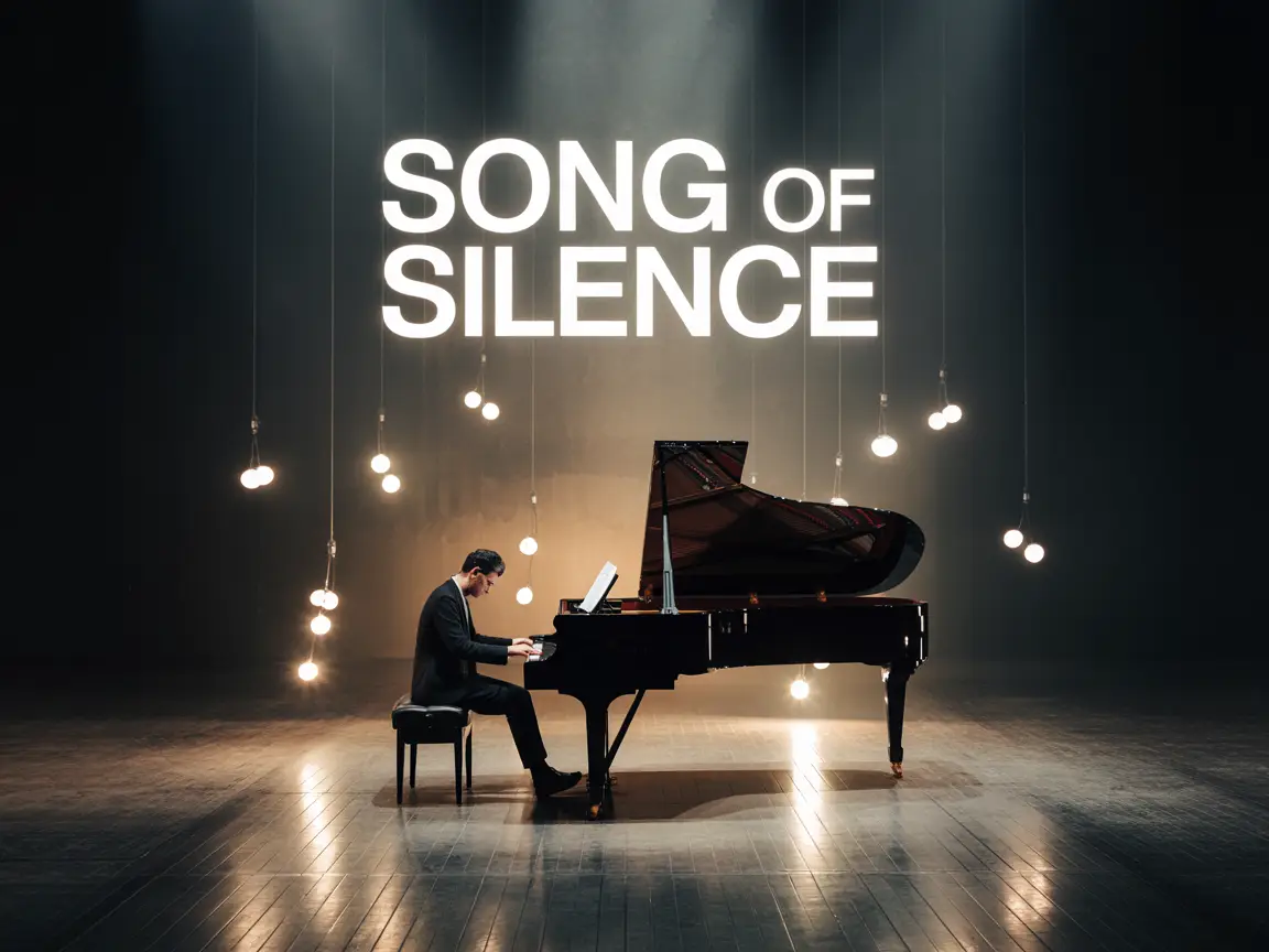 A musical drama poster of a pianist performing on a dark stage with floating lights, title “SONG OF SILENCE” in glowing white font, emotional tone.