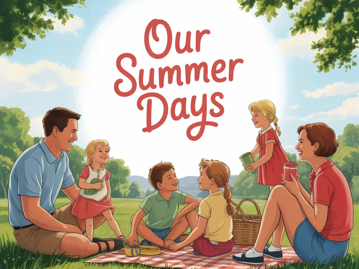 A heartwarming family movie poster showing parents and children having a picnic, title “OUR SUMMER DAYS” in soft handwritten style font, bright and cheerful.