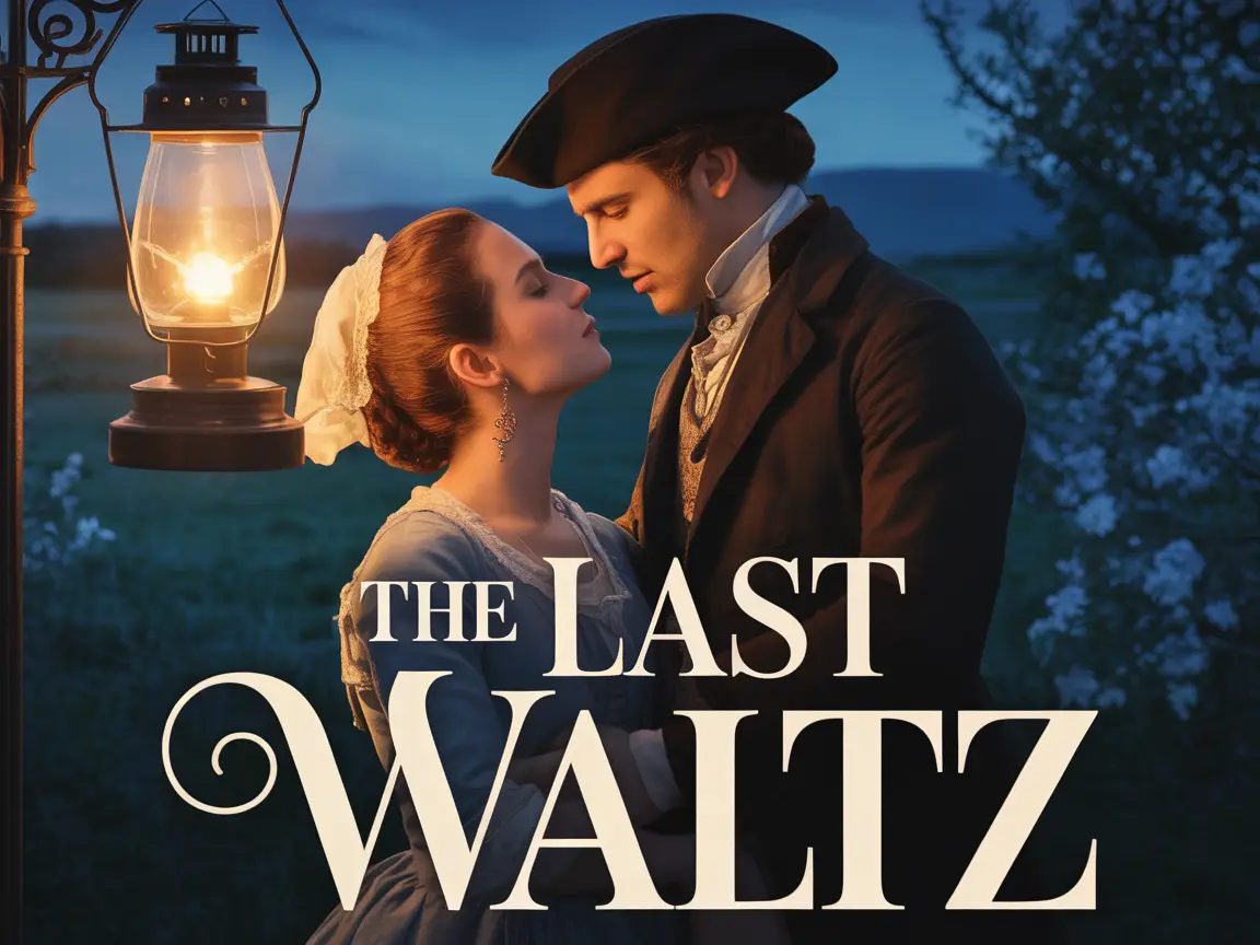 A historical romance poster of lovers in period clothing under lantern light, title “THE LAST WALTZ” in elegant serif font.