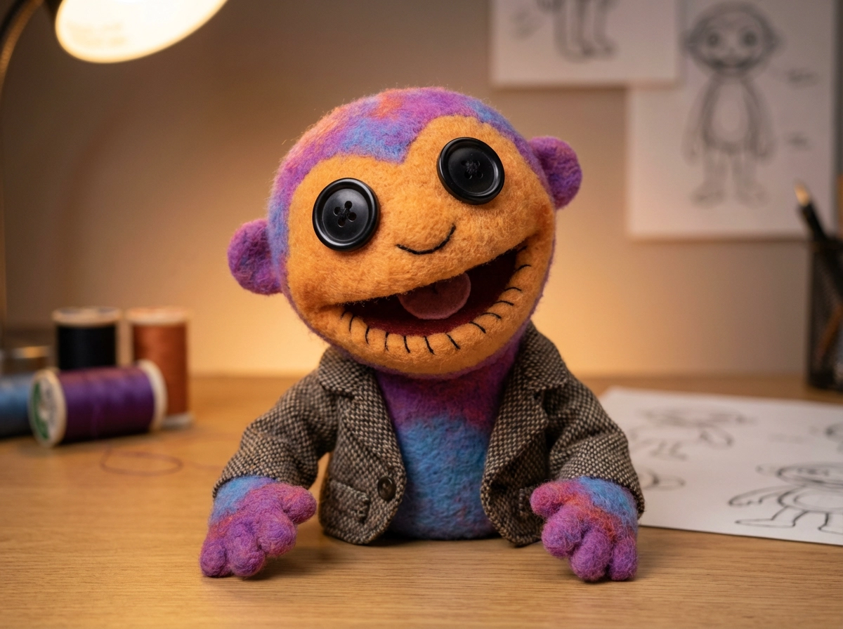 Transform this photo into a classic muppet-style character, felt fabric texture, button eyes, stitched mouth, soft studio lighting, playful expression, colorful puppet aesthetic, professional character design