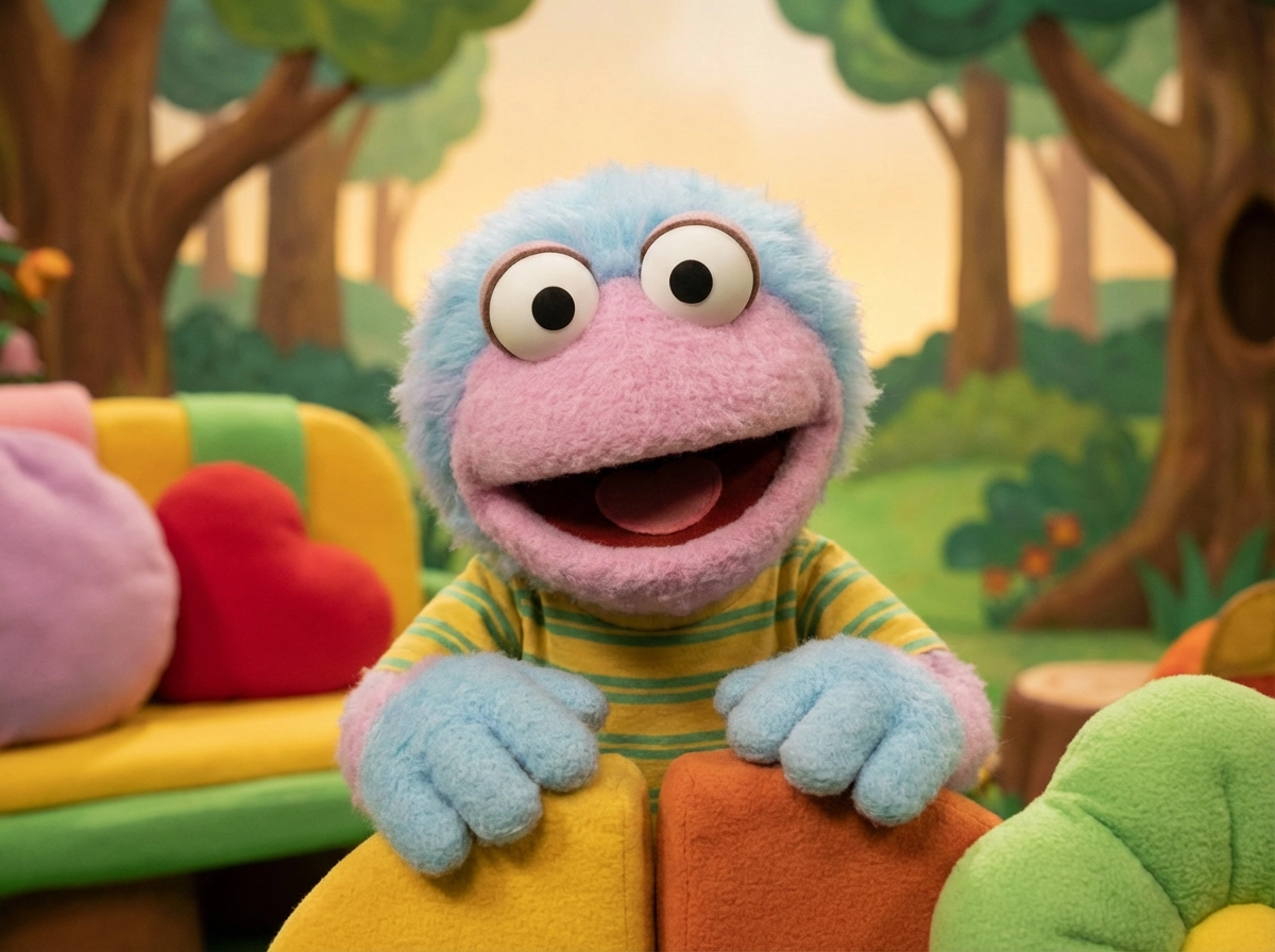 Cute muppet character based on the uploaded photo, soft felt texture, oversized eyes, pastel colors, joyful expression, gentle lighting, children’s TV show aesthetic