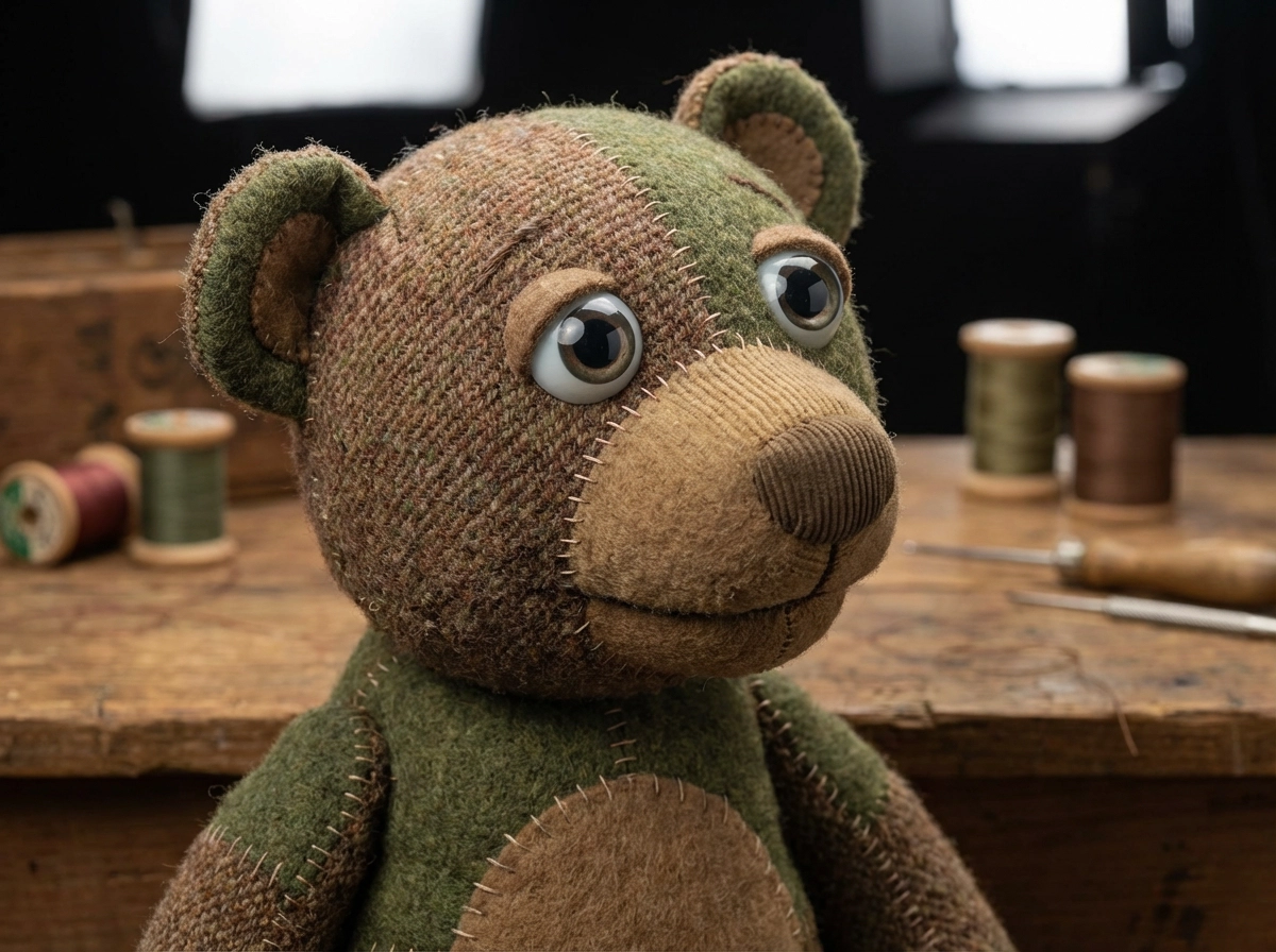 Ultra‑realistic handcrafted muppet, visible fabric weave, fine stitching details, glass eyes, professional studio lighting, cinematic realism, high detail