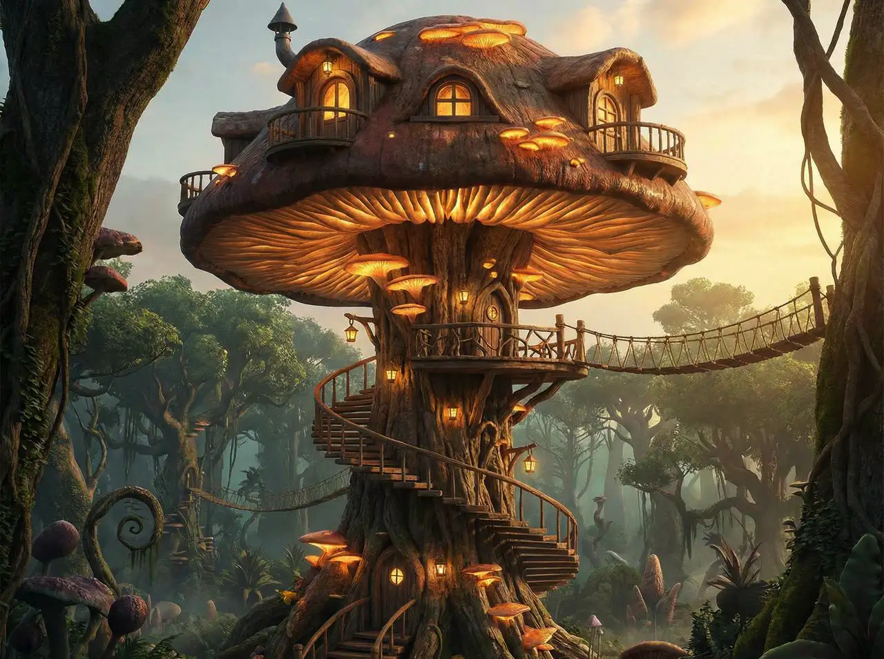 A mushroom-shaped treehouse high above the forest, wooden stairs winding up its stem, magical adventure setting.