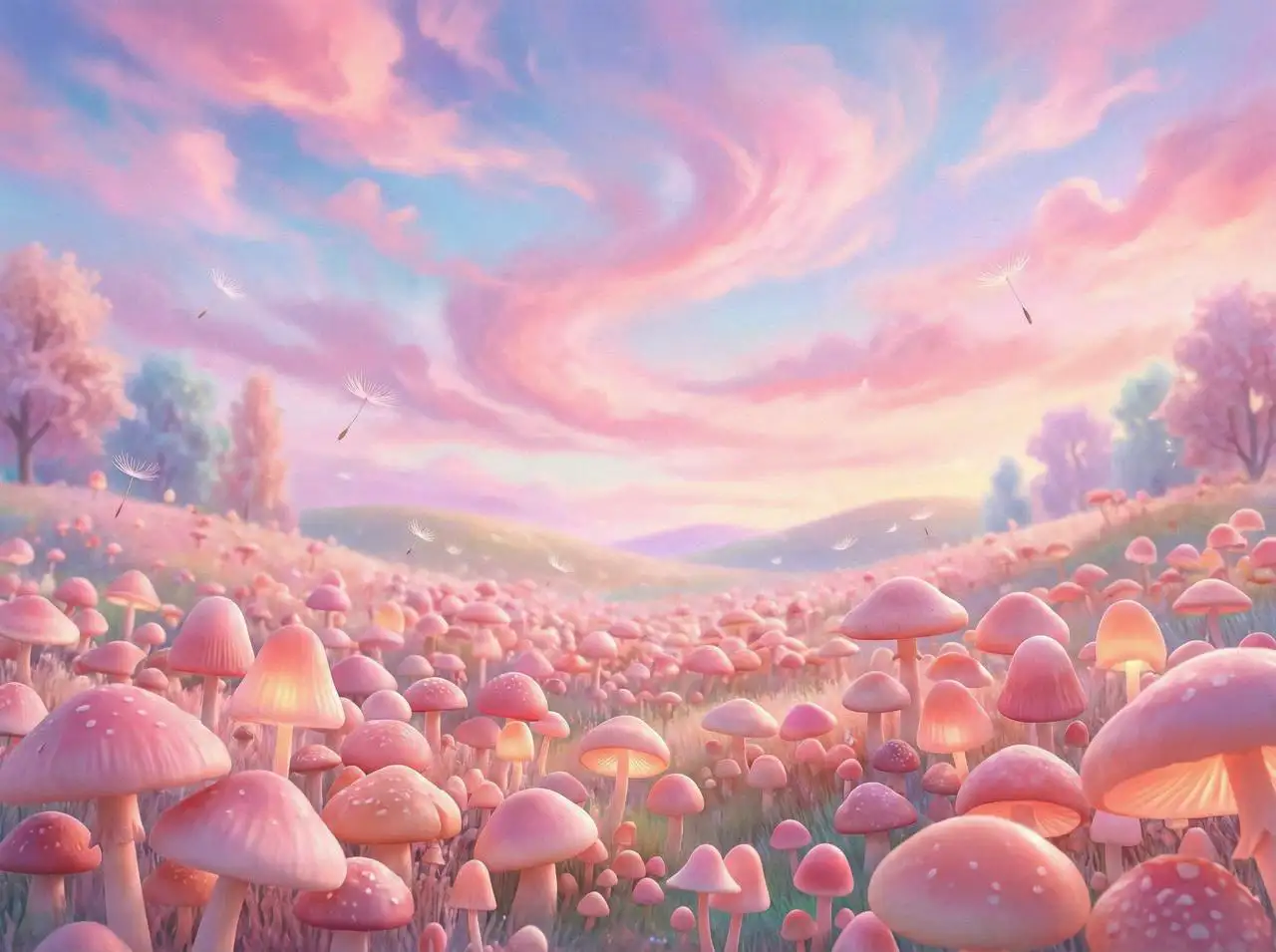 A wide field of pastel pink mushrooms under a cotton-candy sky, soft gradients, whimsical fantasy landscape, airy lighting, aesthetic wallpaper style.