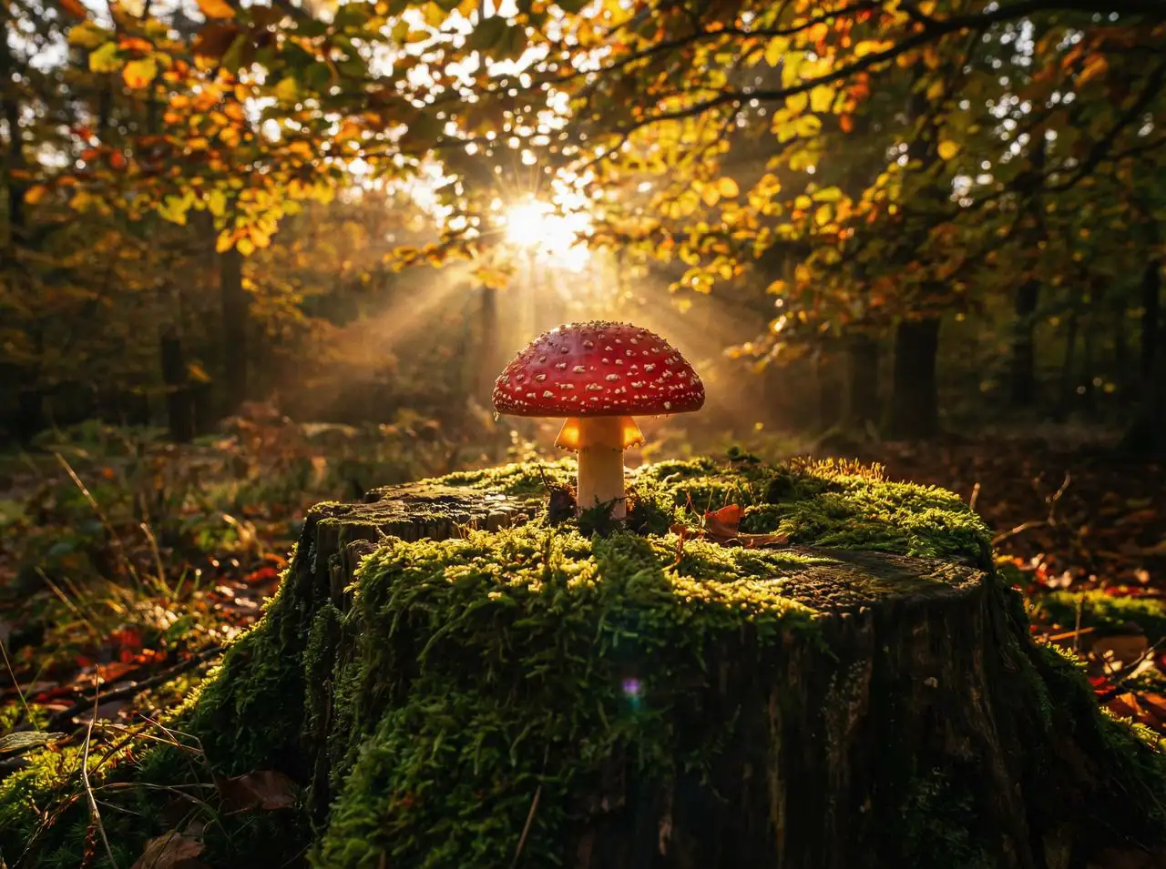 A vibrant red amanita mushroom standing alone on a mossy stump, golden hour sunlight shining through leaves, ultra-realistic nature photography.