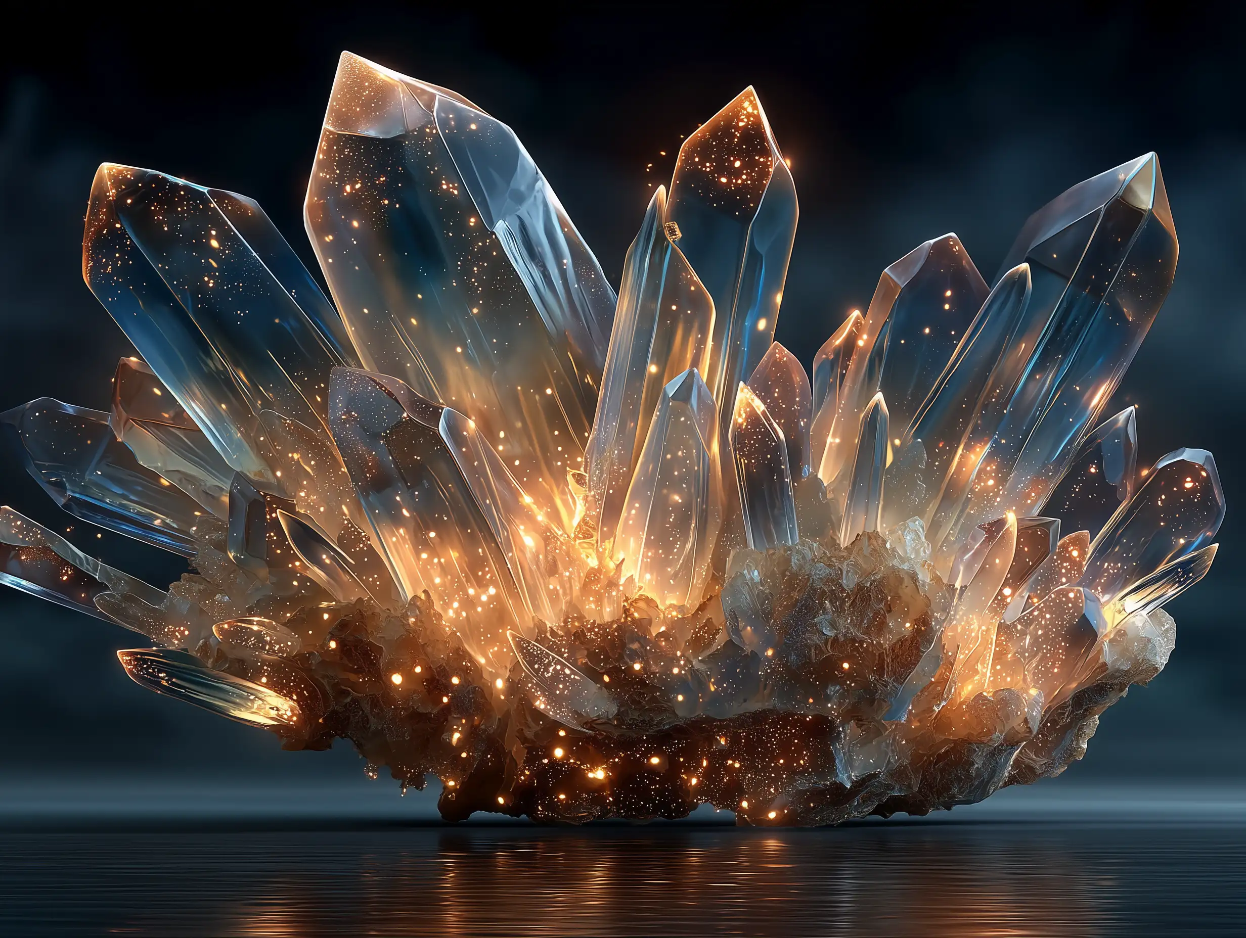 تشكيل بلوري سحري يتوهج بنور داخلي، جزيئات عائمة، خلفية ناعمة داكنة، أسلوب رسم توضيحي خيالي سحري، تفاصيل عالية
