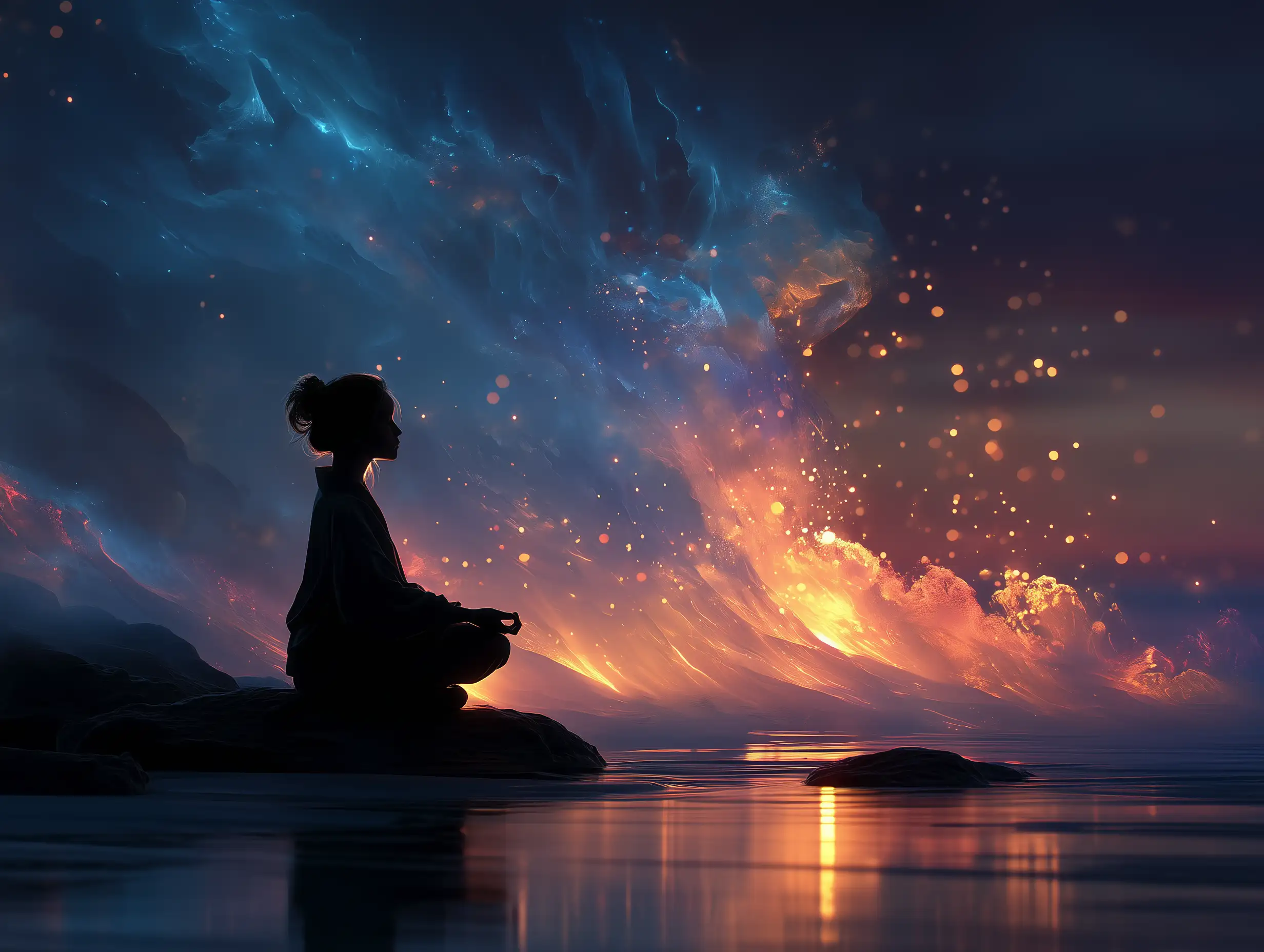 صورة روحية سحرية لشخص يتأمل محاطًا بكرات ضوء ناعمة، تدفق طاقة هادئ، ألوان أثيرية ناعمة، مزاج سحري هادئ