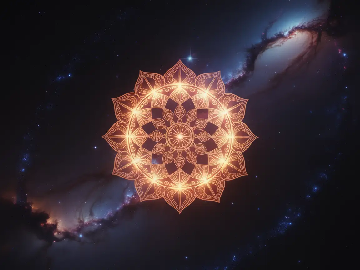 A glowing mandala pattern surrounded by a tranquil sea of stars, with celestial symbols dancing across the sky.