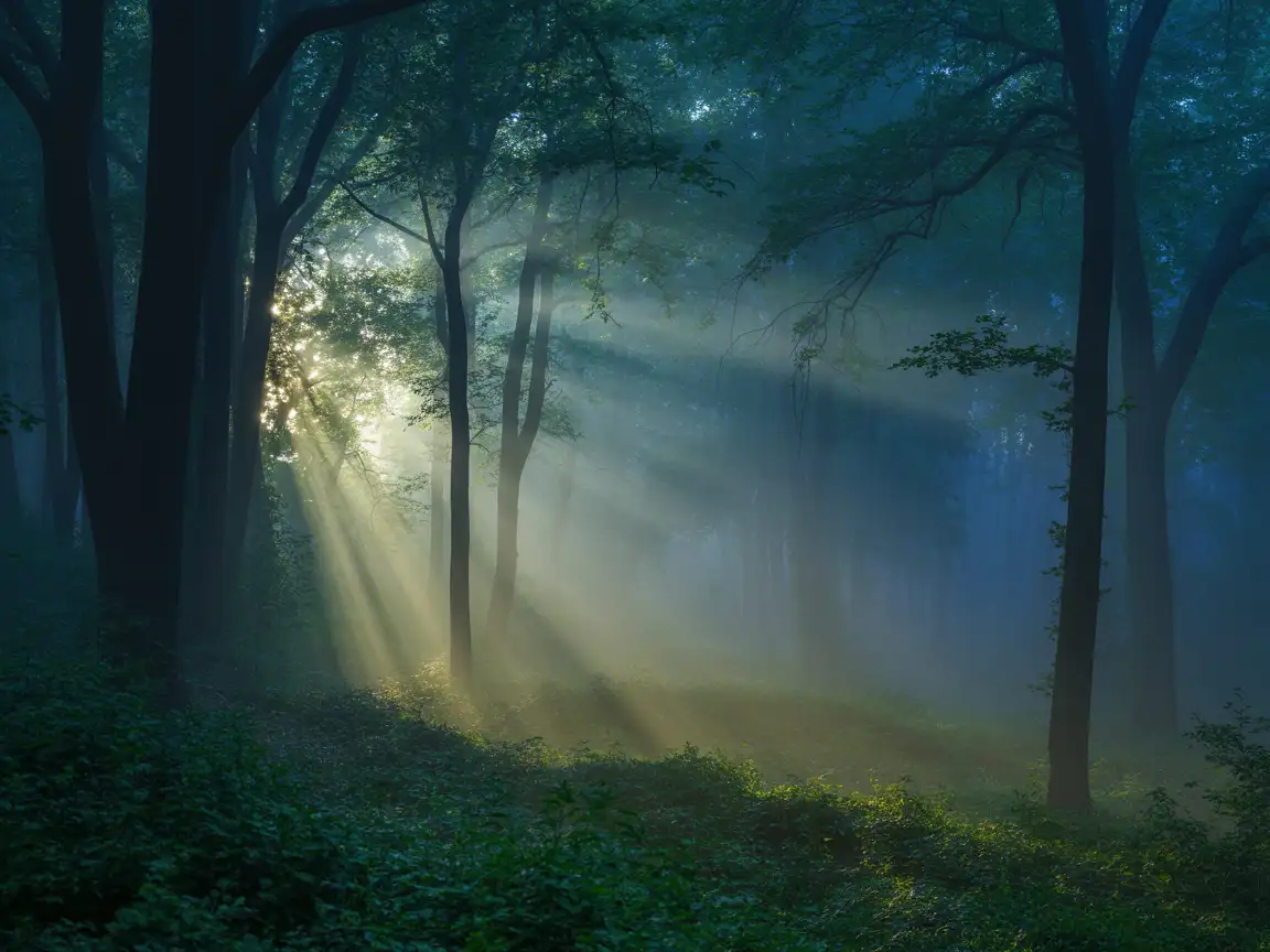 A magical forest where the trees glow with spiritual energy, and soft rays of light pierce through the thick mist.