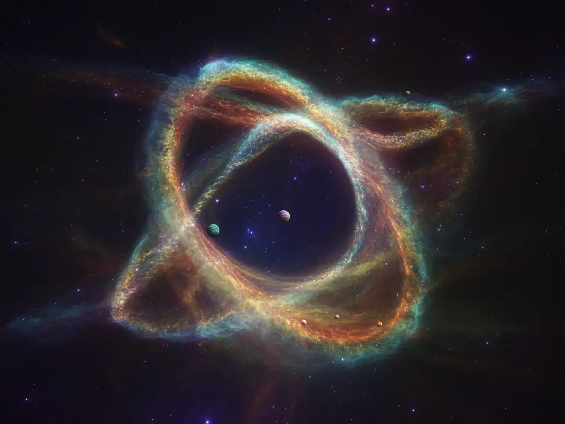 A starry night sky with swirling galaxies and planets, forming a large sacred geometry pattern in the cosmos.