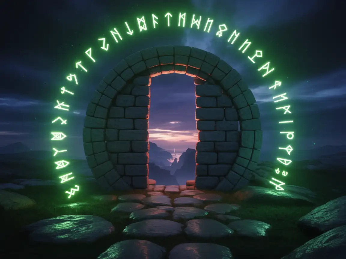 A portal opening in the center of an ancient stone circle, with glowing runes floating around the edges, revealing a distant, mystical world.